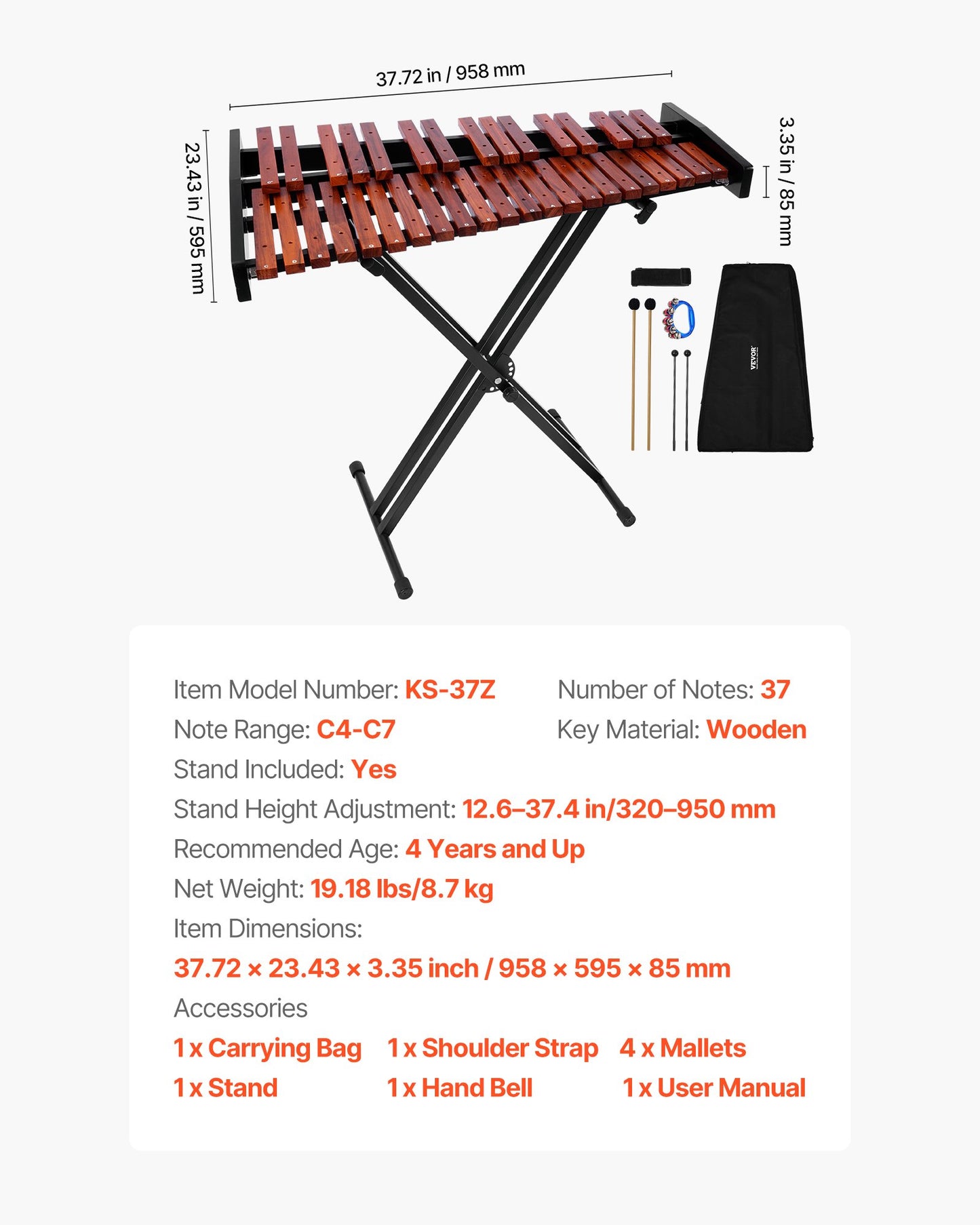 Klockspelsxylofon, 37 toner, professionellt xylofonslagverksinstrument i trä, med höjdjusterbart stativ, 4 klubbor, bärväska, musikinstrumentkit för nybörjare för vuxna och barn
