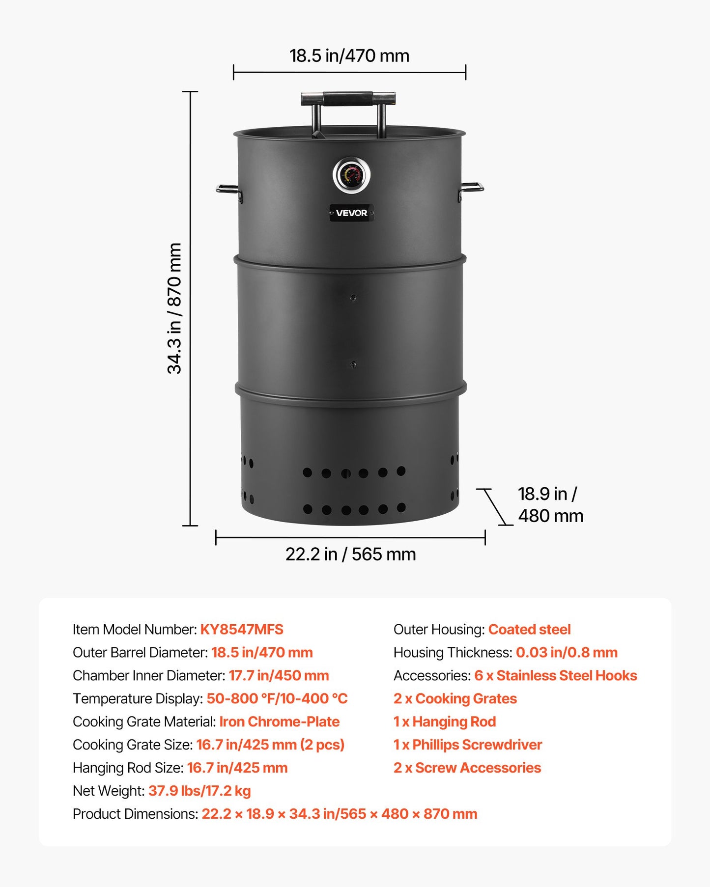 Charcoal Smoker Grill, 470mm Barrel Charcoal BBQ Smoker, Coated Steel Outdoor Barbecue Grill with 2 Grilling Grates, 1 Hanging Rod, 6 Hooks & Thermometer, Ideal for Party Backyard Patio Cooking