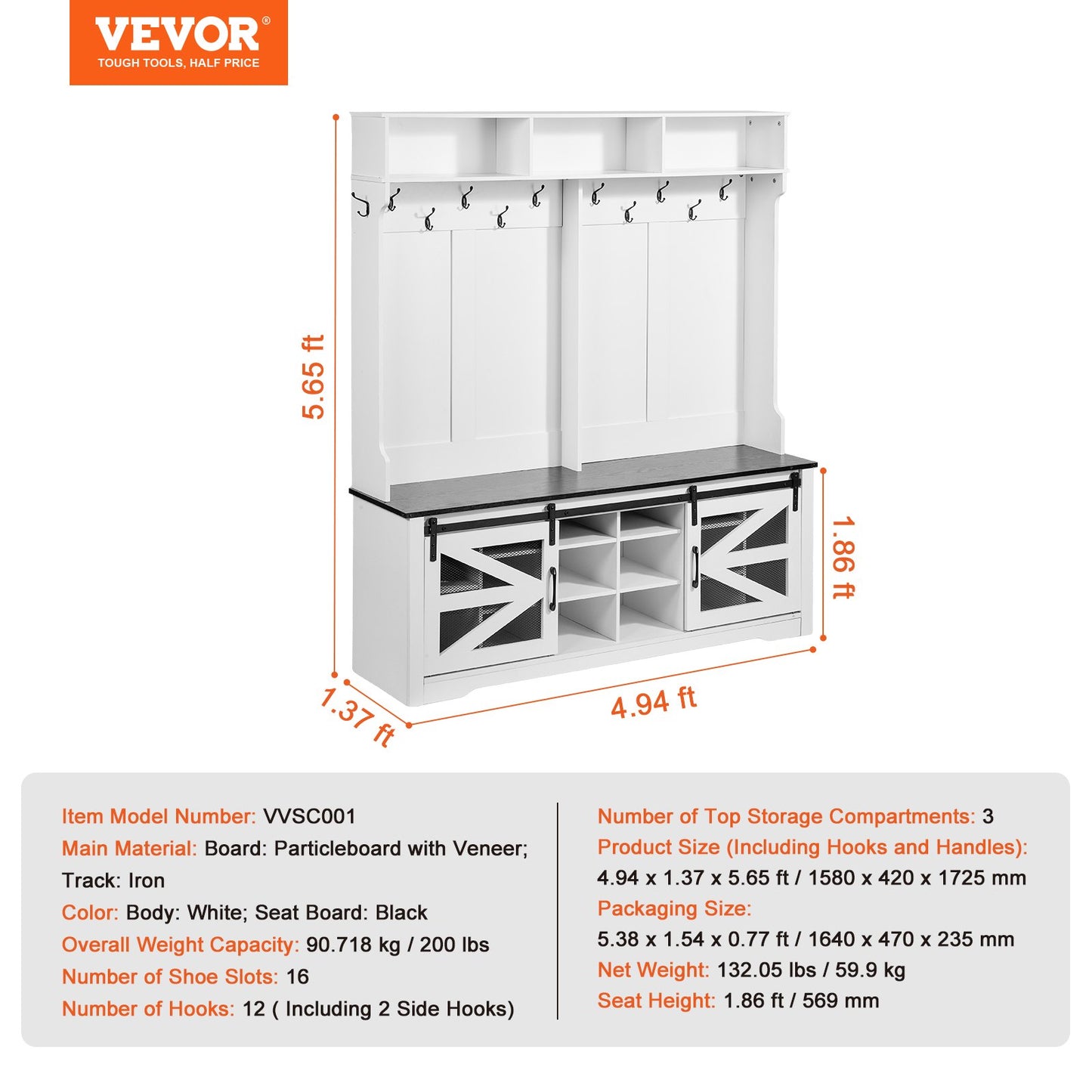 Hallträd, hallträd i trä med bänk och skoförvaring, vitt hallträd med klädhängare, justerbara hyllor och 12 hängkrokar, möbler för groventrén med USB-ljuslist, för entré och hall