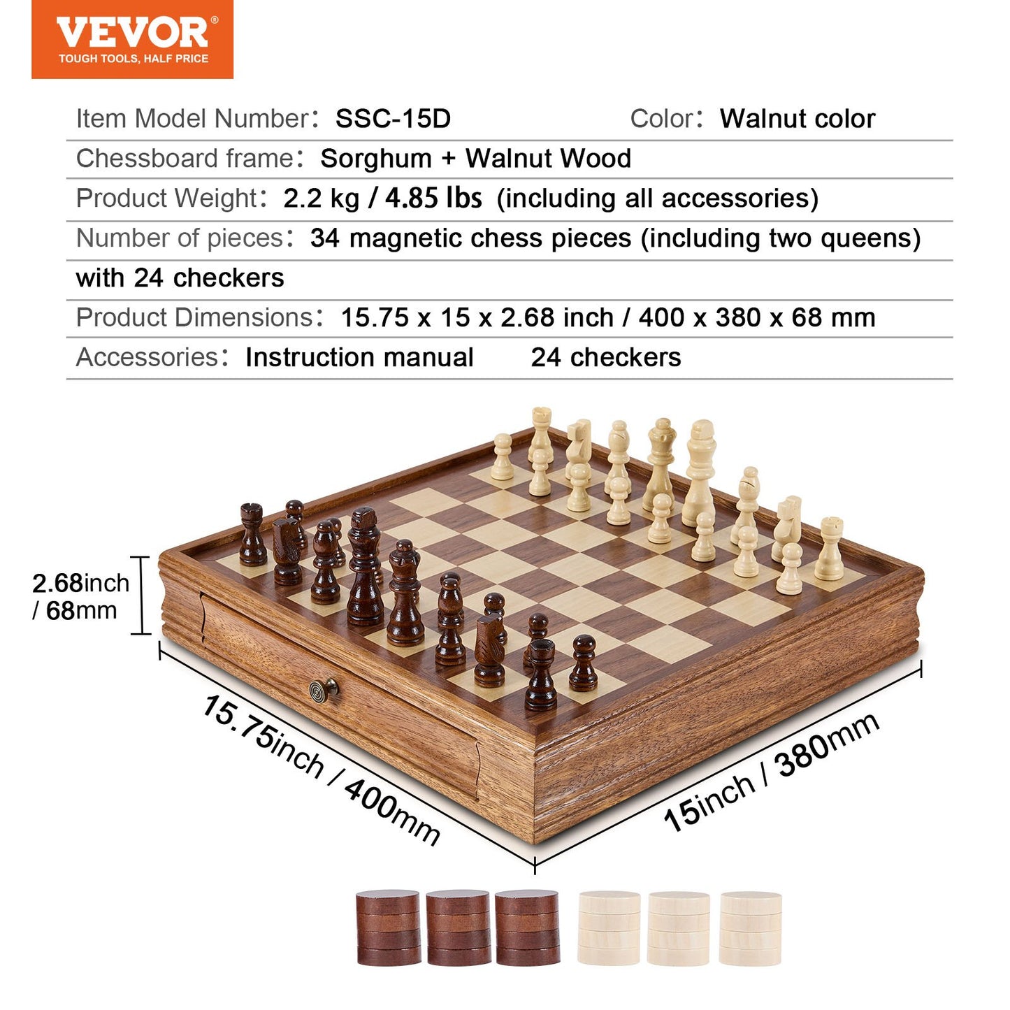 Solid Wood Chess Set, 15 inch 2-IN-1 Chess Checkers Game Set, Chess Board Games with Storage Drawer & Weighted Chess Checkers Pieces & 2 Queens, for Adults Kids Tournament Professional Beginner