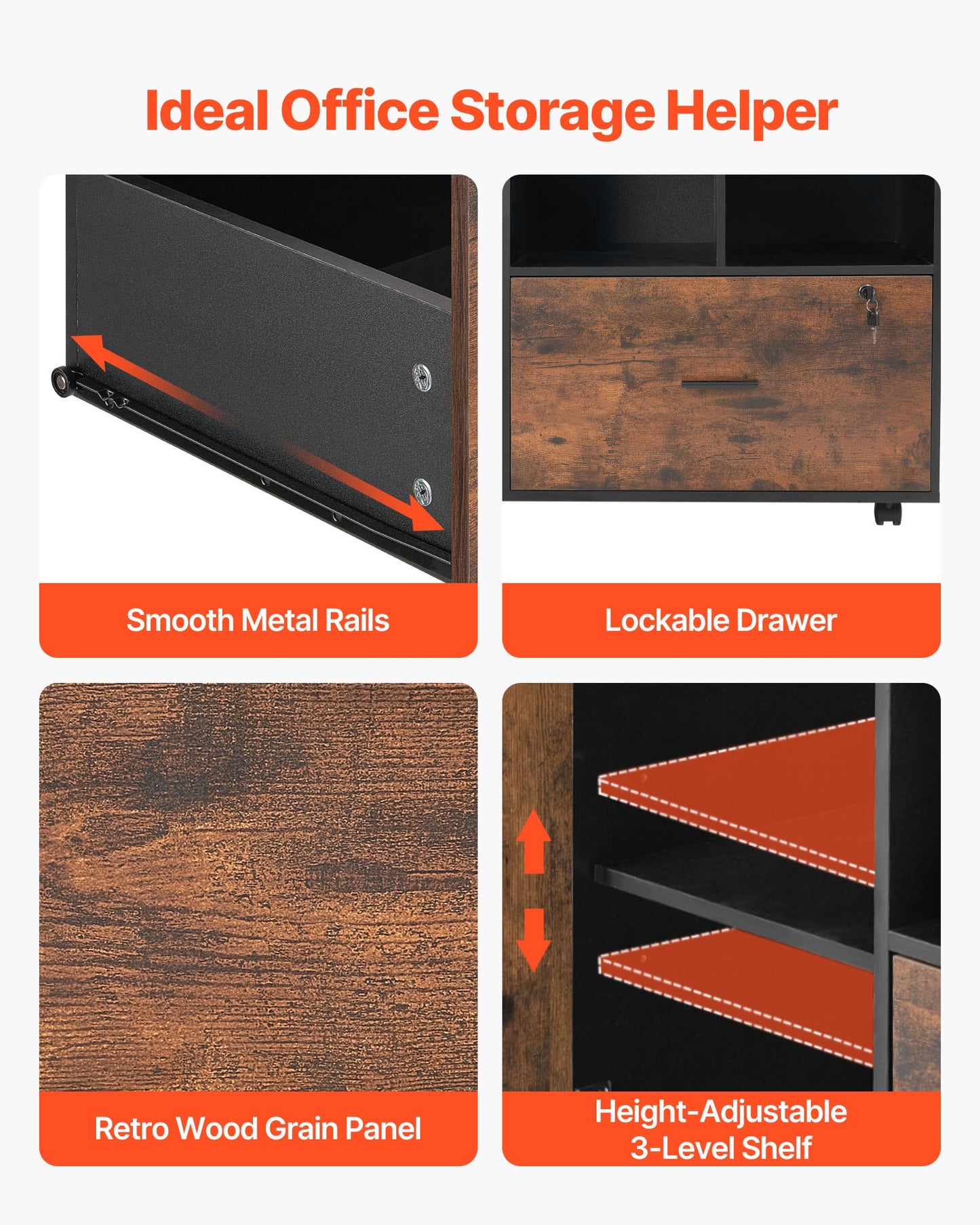 Wood File Cabinet, Mobile Filing Cabinet with Open Shelves, Lockable Lateral Rolling File Storage with Adjustable Shelves, Free Standing Printer Stand for Home, Office, School, Rustic Brown