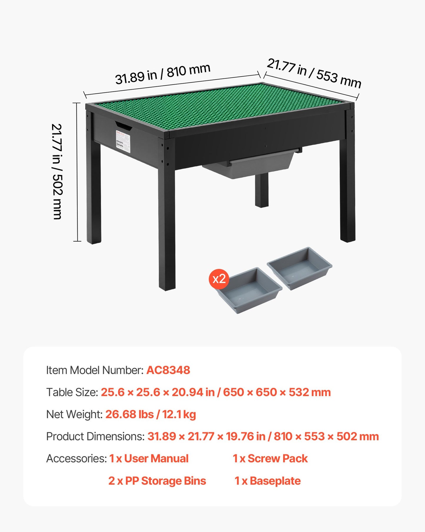 Aktivitetsbord i trä för barn, byggklossar med dubbelsidig bordsskiva, mångsidigt aktivitetsbord med 2 förvaringsfack för barn från 3 år, stort förvaringsutrymme, present till pojkar och flickor, svart