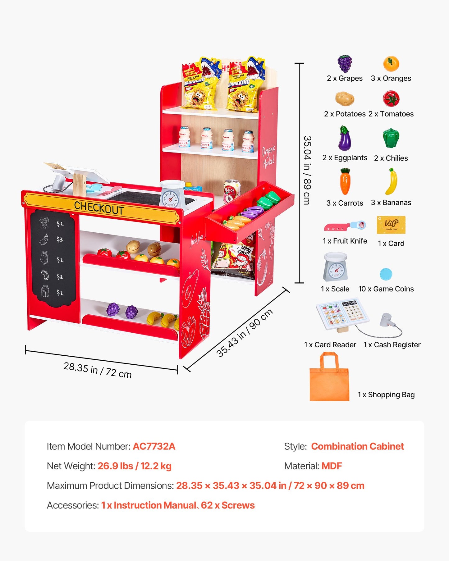 Kids Grocery Store Playset, Wooden Play Store with Shopping Bag, Kids Supermarket Pretend Play Toy Set with Conveyor Belt, Scanner, Cash Register, Realistic Scale, Gift for Boys & Girls