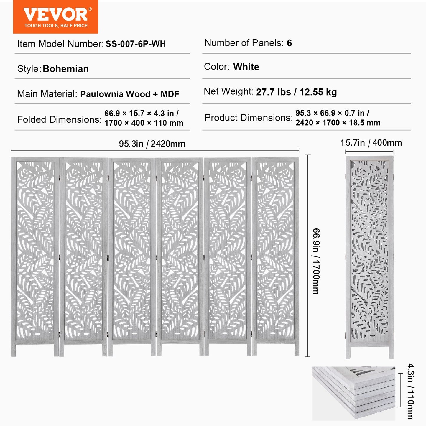 Wood Room Divider, 6 Panel Wood Folding Privacy Screen, 66.9 Inches Tall Indoor Carved Partition Divider, Portable Decoration Screen, for Room Separation, Home, Office, Restaurant & Bedroom