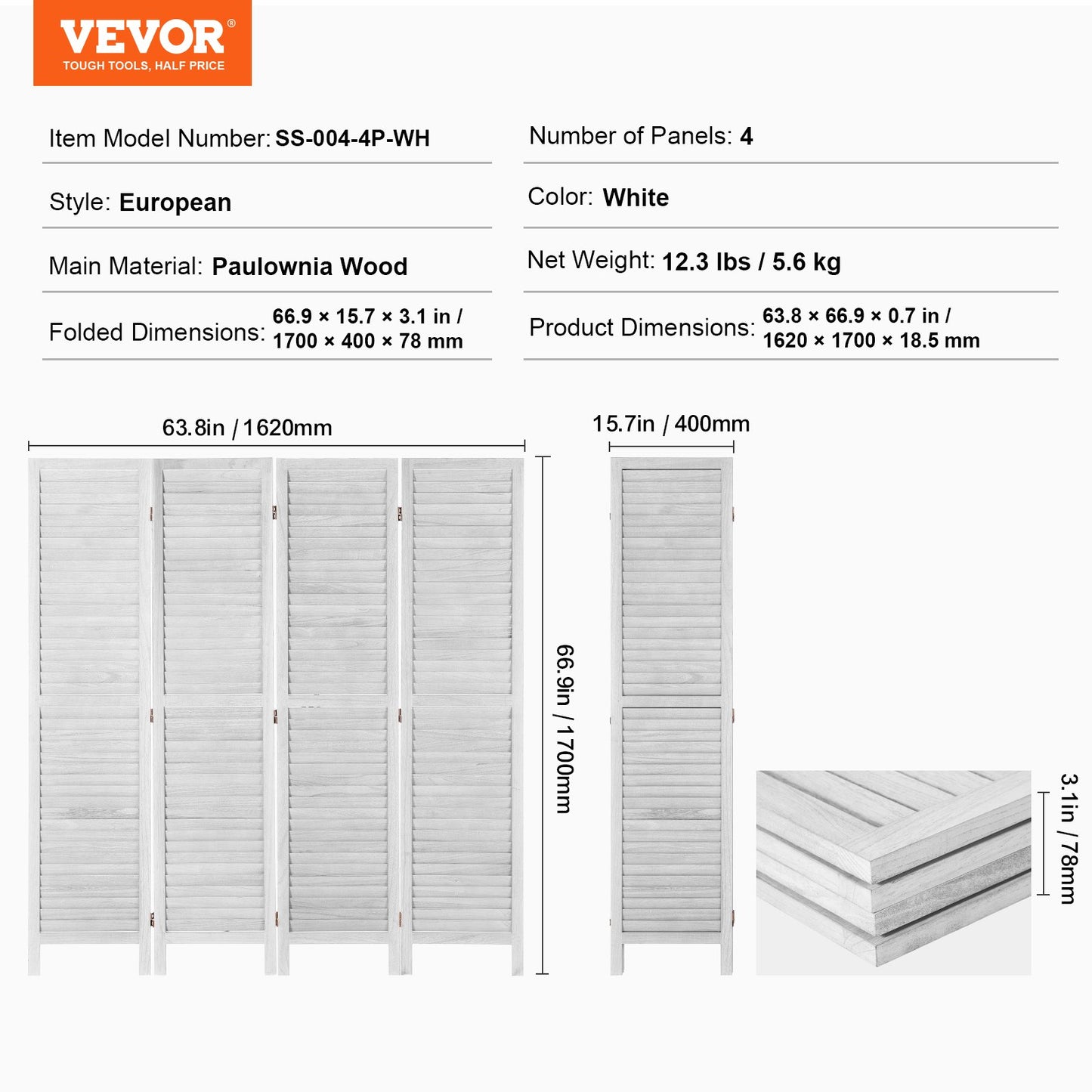 Rumsavdelare i trä, hopfällbar skärm med 4 paneler, 66,9 tum hög inomhuspartition i trä, bärbar dekorationsskärm, för rumsavskiljning, hem, kontor, restaurang och sovrum (ljusgrå)