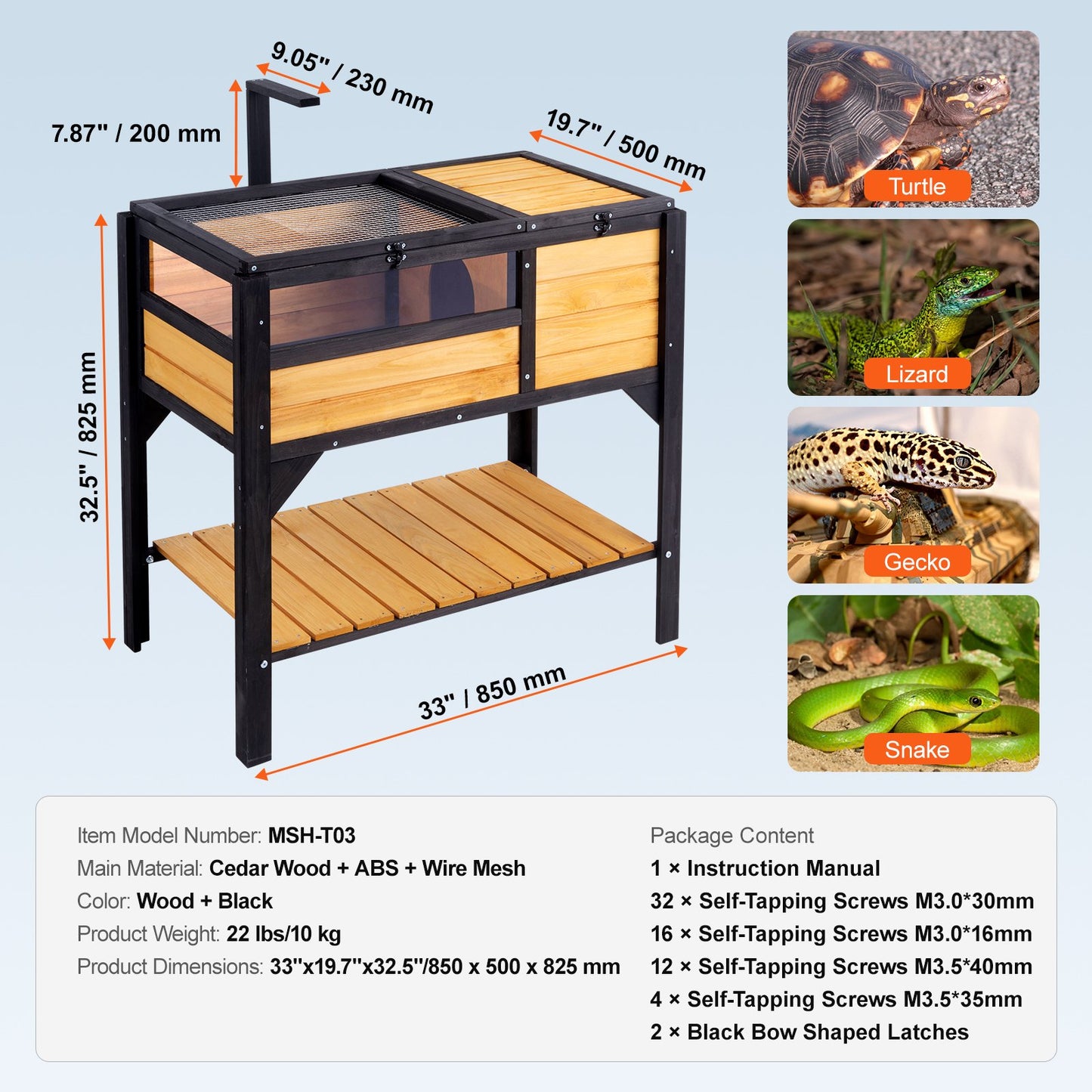 Tortoise Habitat, Wooden Tortoise House Indoor & Outdoor, Tortoise Enclosure with Light Stand, Reptile Enclosure Small Animal Cage with Stand Legs for Gecko, Lizard, Snake