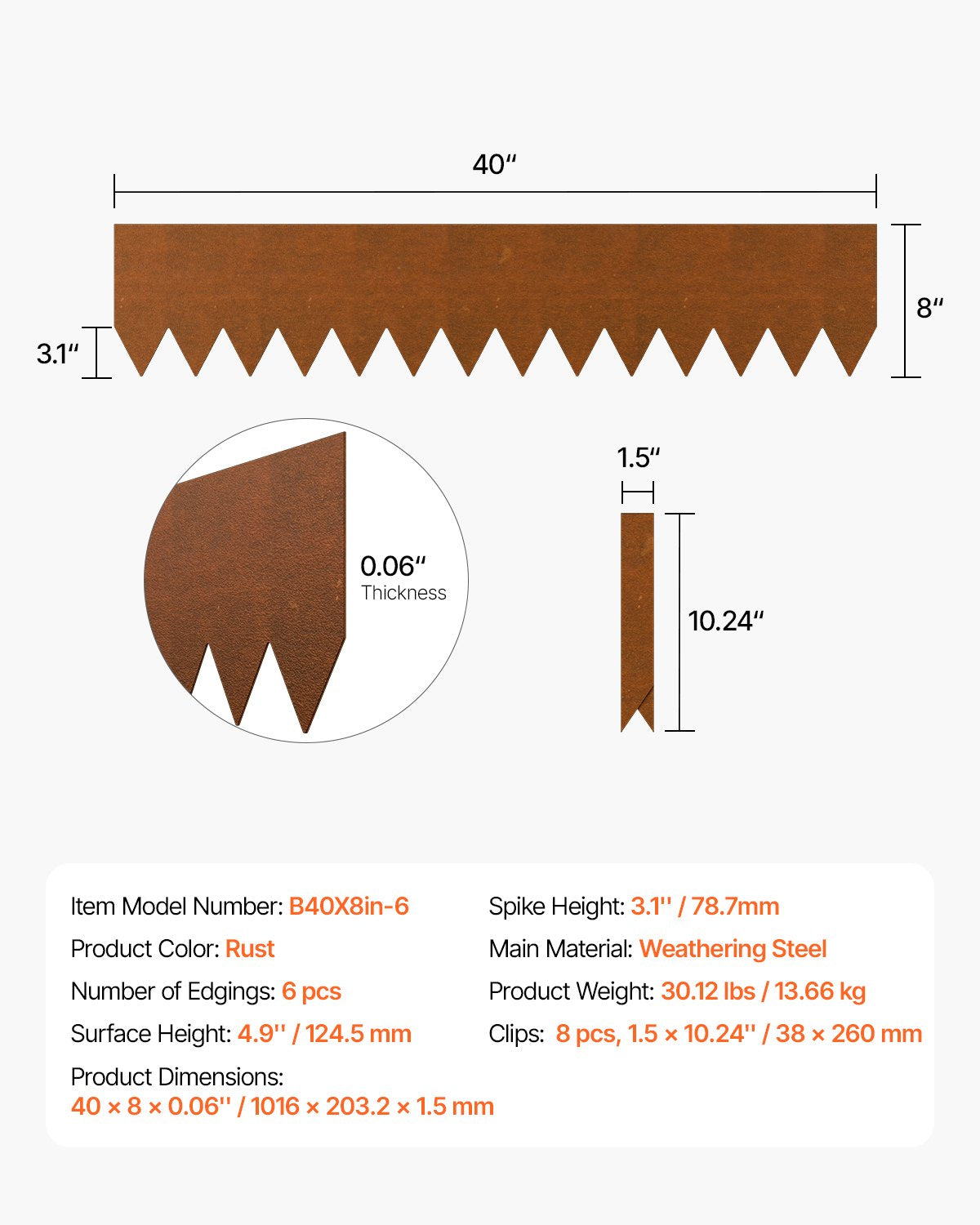 Stålkantlist, 6-pack 40 x 8 tum väderbeständig och rostfri metallkantlist, böjbar trädgårdskant, gräsmatta för rabatt, gångvägsavdelare
