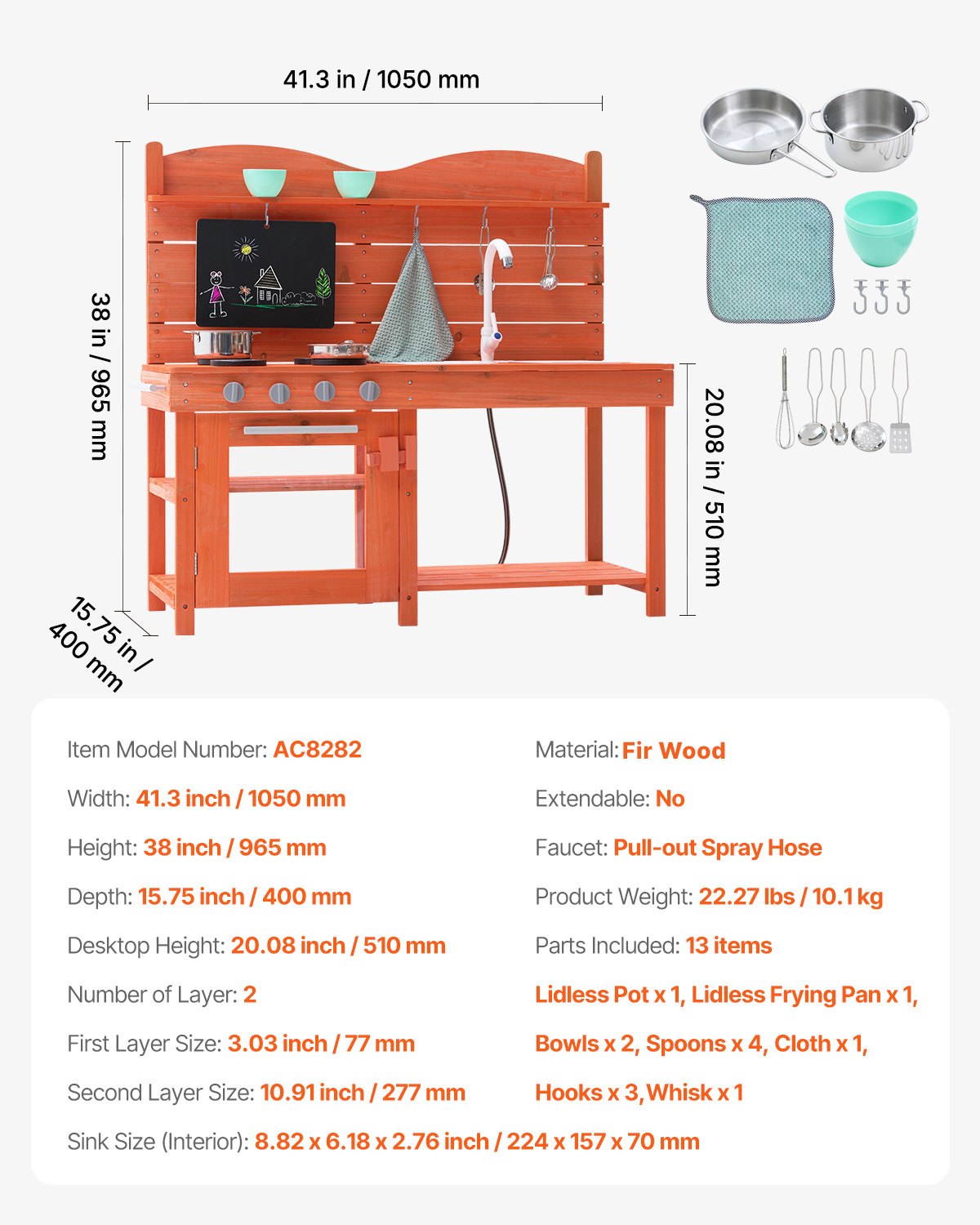 Mud Kitchen for Kids, Wooden Toy Play Kitchen Set, Outdoor Toddler Grocery Store Playset for Boys & Girls, Pretend Play Kitchen with Stoves, Sink, Faucet, Blackboard, Cookware Pots, Accessories