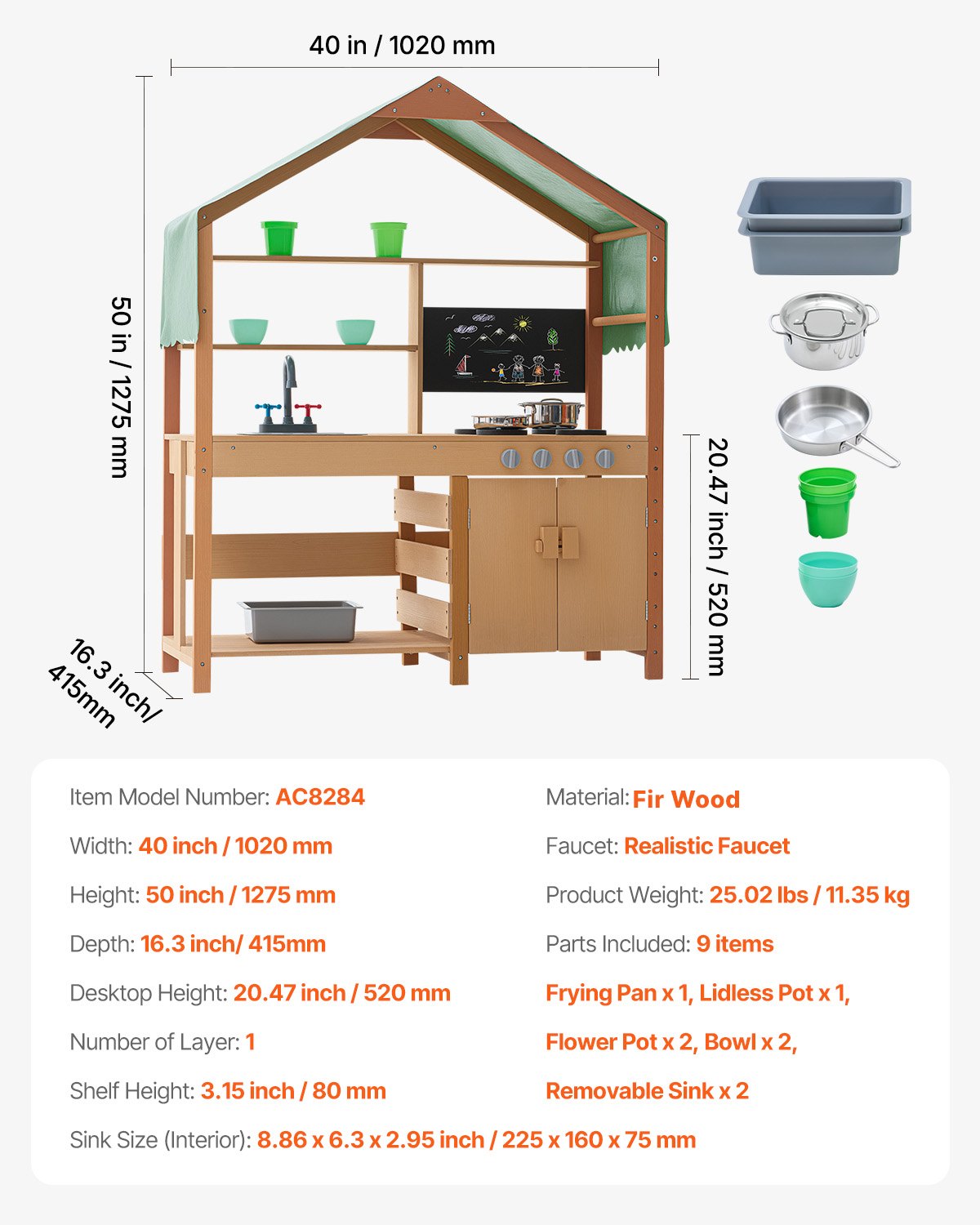 Mud Kitchen for Kids, Wooden Toy Play Kitchen Set with Accessories, Outdoor Toddler Grocery Store Playset, Pretend Play Kitchen with Stoves, Planter Boxes, Sink, Faucet, Blackboard, Cookware Pot