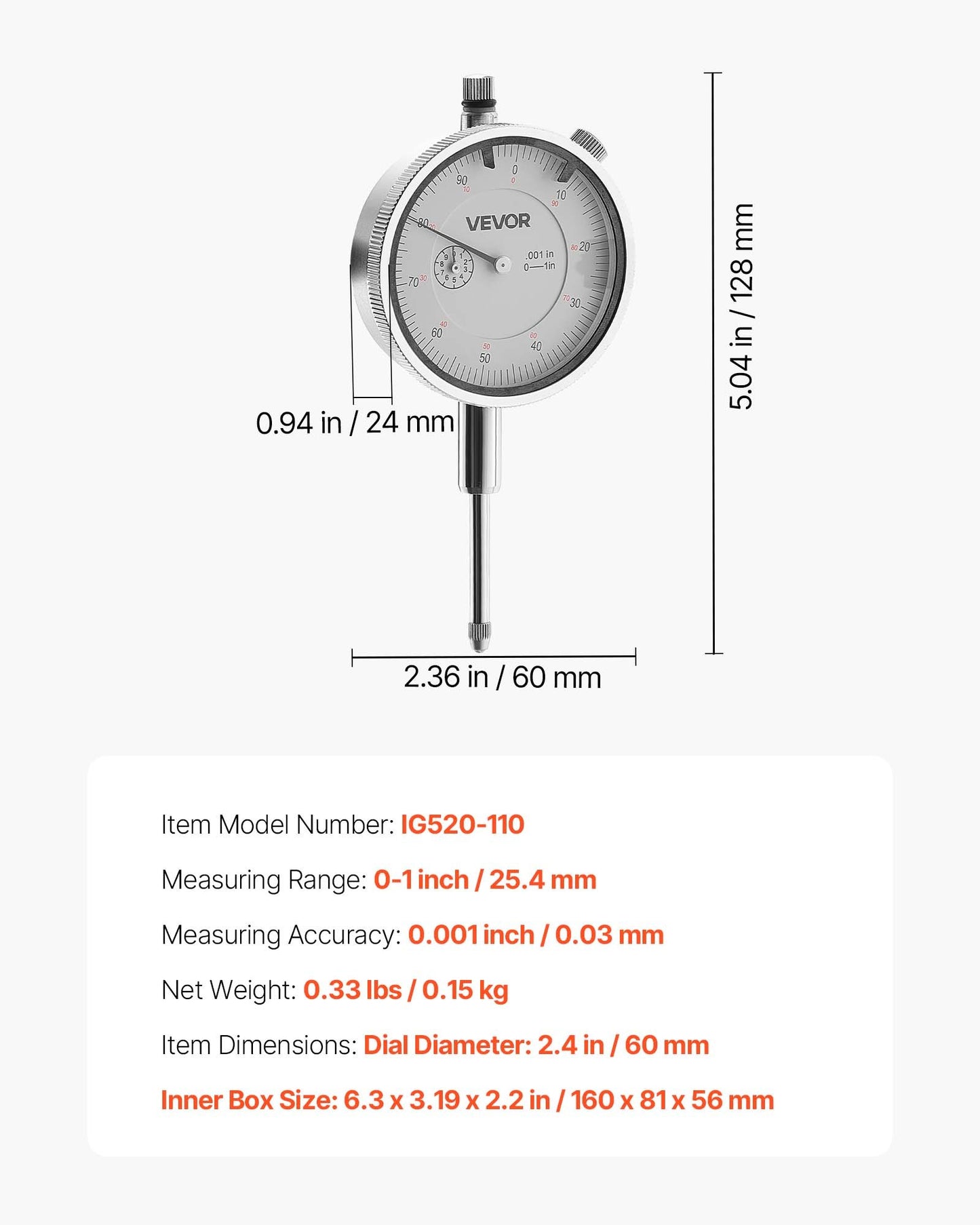 Dial Test Indicator, 0.03 mm Accuracy, 0-25.4mm Measuring Range, Easy to Read Large Dial, Professional for Internal Diameter Measurement, Runout Detection, Flatness Inspection