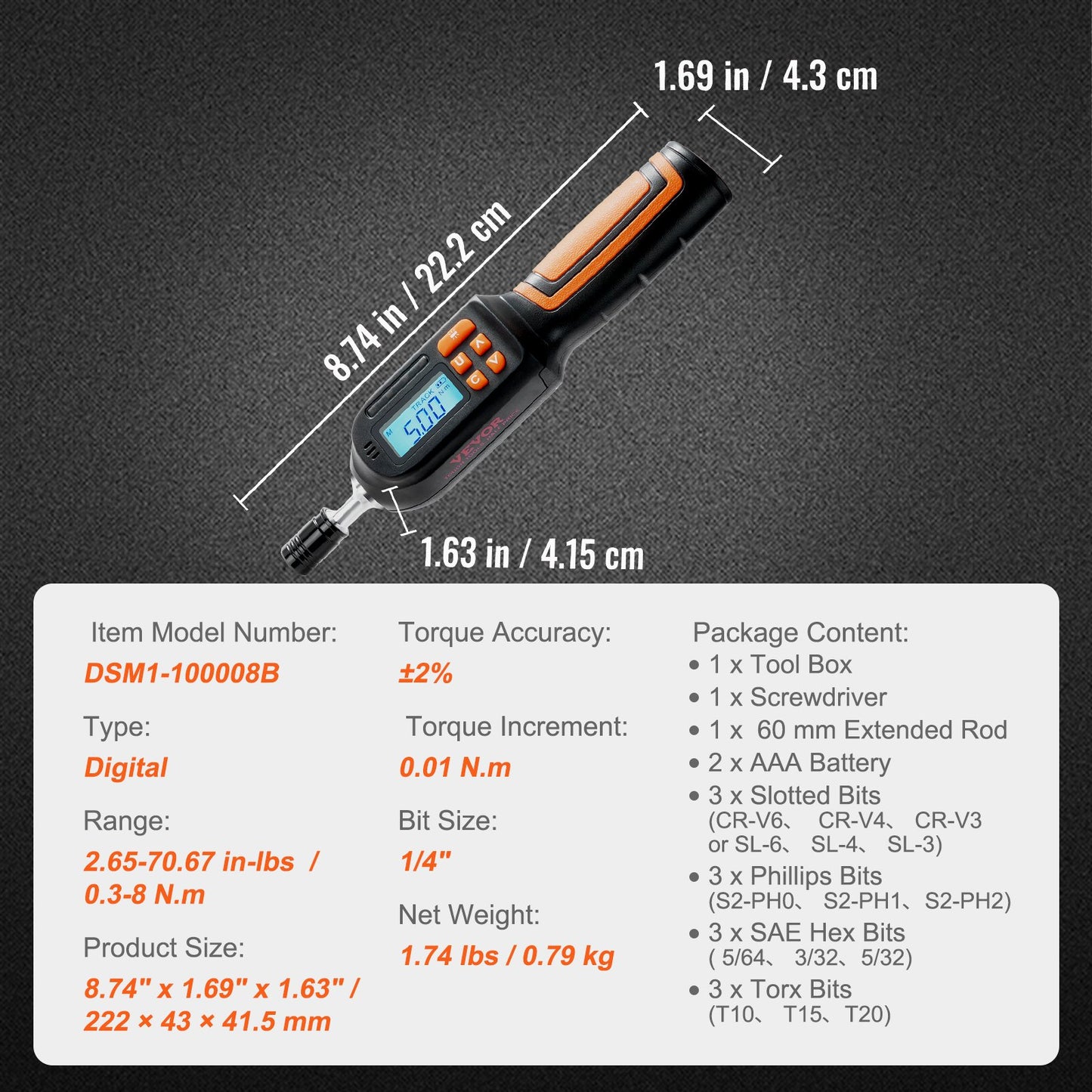 Digital Torque Screwdriver, 0.64 cm Drive Screwdriver Torque Wrench, Electrician Torque Screwdriver with LCD, 0.30-7.98 N·m Torque Range, 0.01 N·m Increment Torque Screwdriver with Bits & Case
