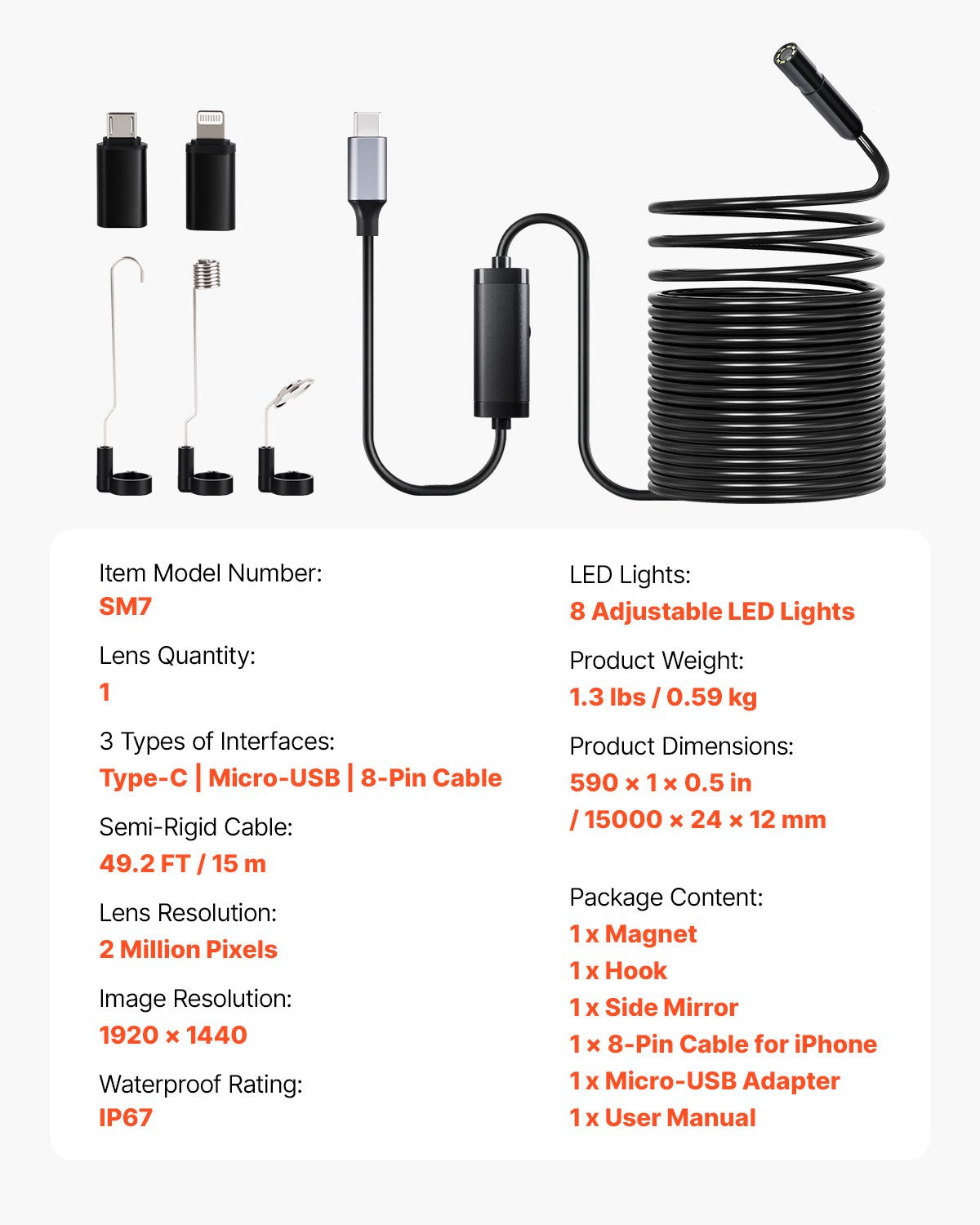 Endoscope Camera with 15m Semi-Rigid Cable, 1920P HD Borescope for Android & IOS, Industrial Inspection Camera with Light - 8 LED, 2X Zoom, IP67 Waterproof Snake Camera for Auto, Plumbing