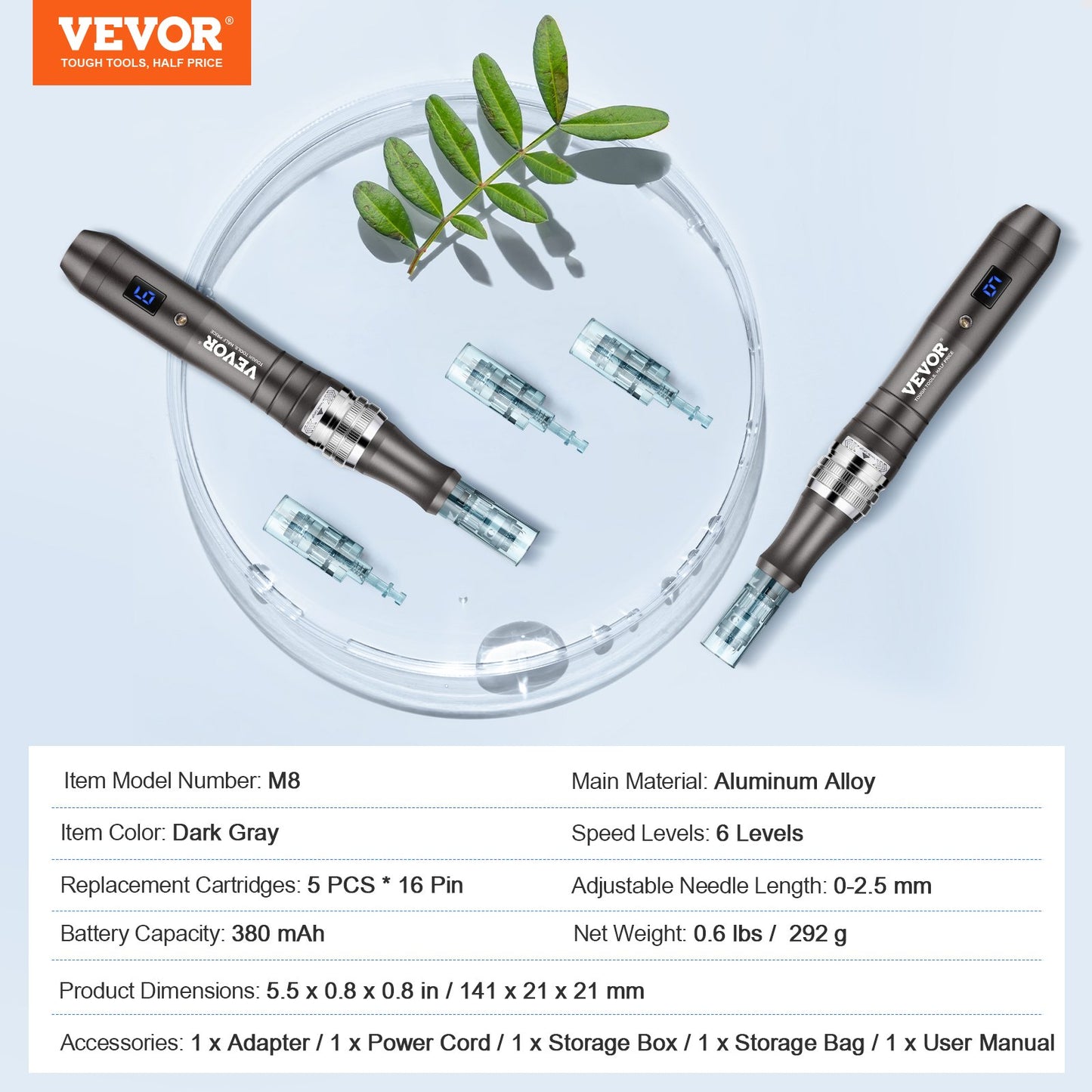 Professional Microneedling Pen, Electric Derma Pen with 5PCS * 16Pin Disposable Cartridges, 6 Variable Speed Skin Care Beauty Device with LCD Display and 0-2.5mm Adjustable Needle Length