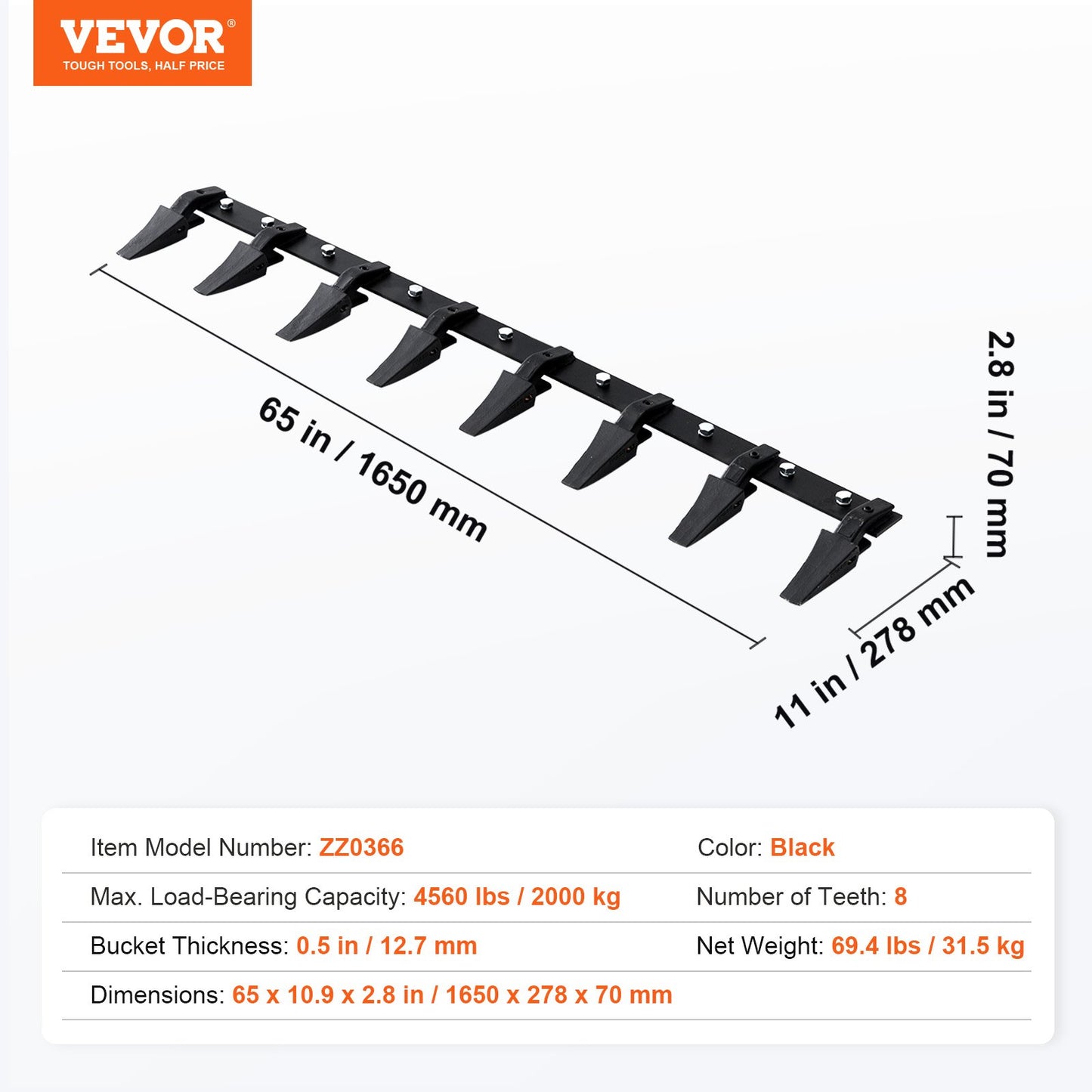 Bucket Tooth Bar, 66'', Heavy Duty Tractor Bucket 8 Teeth Bar for Loader Tractor Skidsteer, 4560 lbs Load-Bearing Capacity Bolt On Design, for Efficient Soil Excavation and Bucket Protection