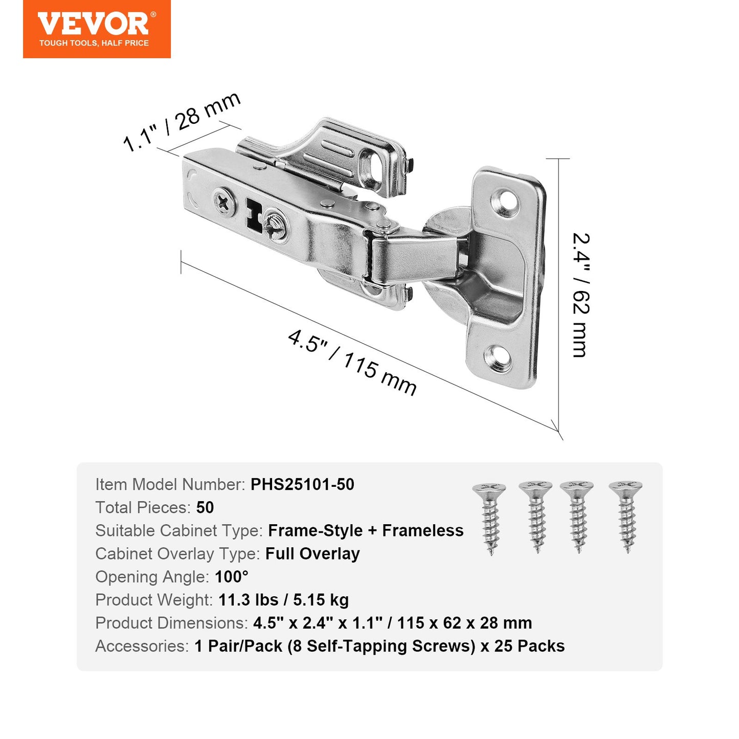 Cabinet Hinges, 50 Packs Full Overlay Kitchen Cabinet Door Hinges, 100 Degree Opening Angel Soft Close Concealed Cupboard Hinges for Framed + Frameless Cabinet Type, with Mounting Screws