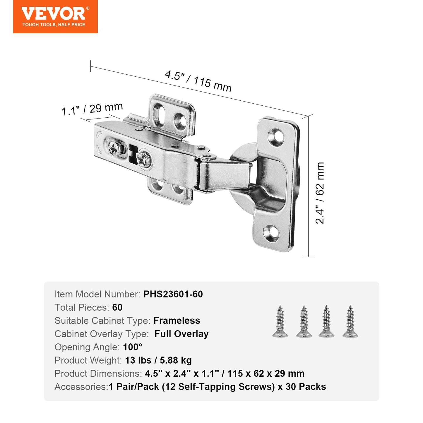 Cabinet Hinges, 60 Packs Full Overlay Kitchen Cabinet Door Hinges, 100 Degree Opening Angel Soft Close Concealed Cupboard Hinges for Frameless Cabinet Type, with Mounting Screws