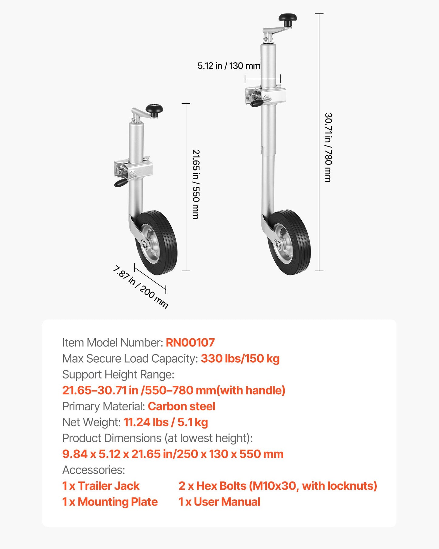 Trailer Jack with Wheel, 150 kg Load Capacity, Heavy Duty Bolt-on Trailer Tongue Jack with Single Wheel & Ergonomic Handle, 230 mm Lift Travel, Fit for RVs, Horse Trailers, Utility Trailers