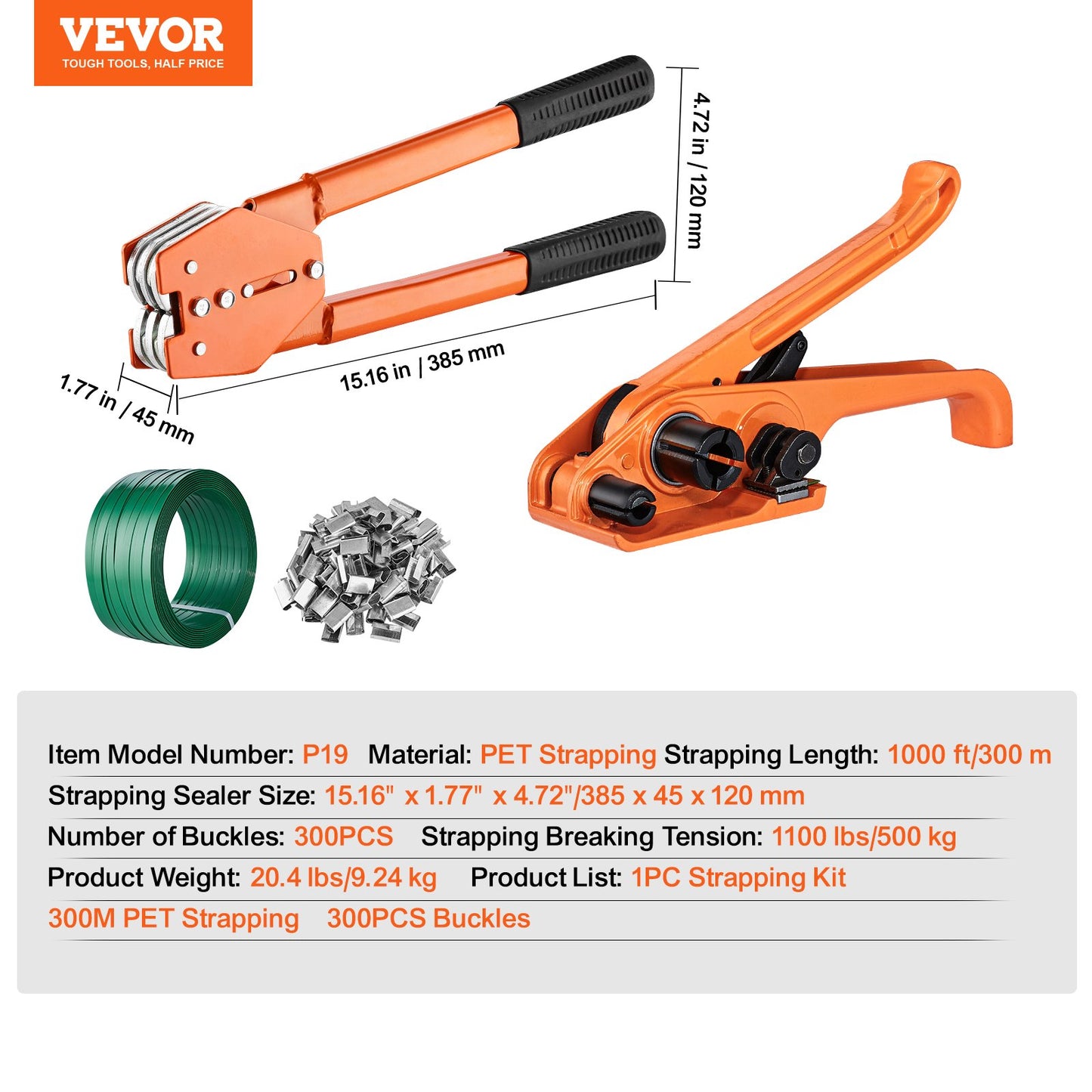 Banding Strapping Kit with Strapping Tensioner Tool, Banding Sealer Tool, 304.8 m Length PET Band, 300 Metal Seals, Pallet Packaging Strapping Banding Kit Banding Packaging Strapping for Packing