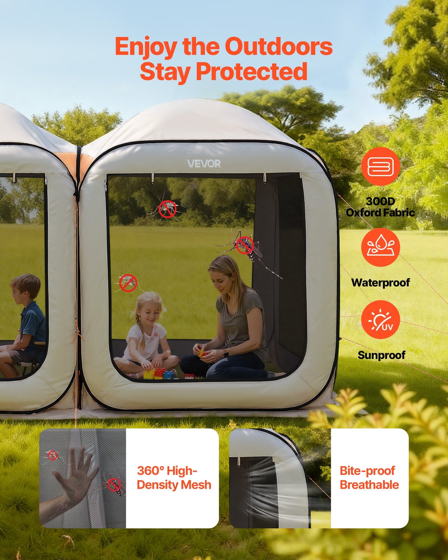 Screen House Tent, 3660 x 1825 x 2200 mm, 2 in 1 Pop Up Screen Tent, Portable Screened in Canopy with Carry Bag, Netting Sides, Ground Stakes, for Garden, Patio, and Outdoor Activities, Beige