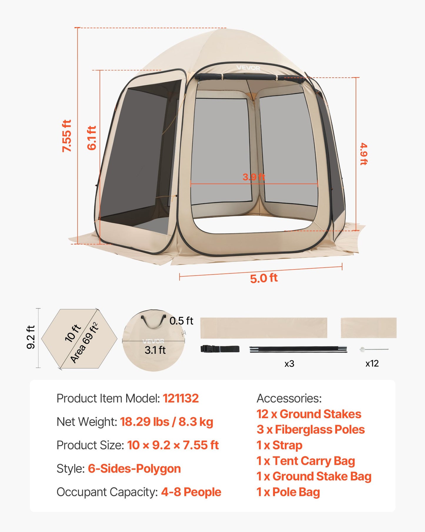 Screen House Tent, 3030 x 2650 x 2300 mm, 4-8 Person Pop Up Screen Tent, Portable Screened in Canopy with Carry Bag, Netting Sides, Ground Stakes, for Garden, Patio, Outdoor Activities, Beige