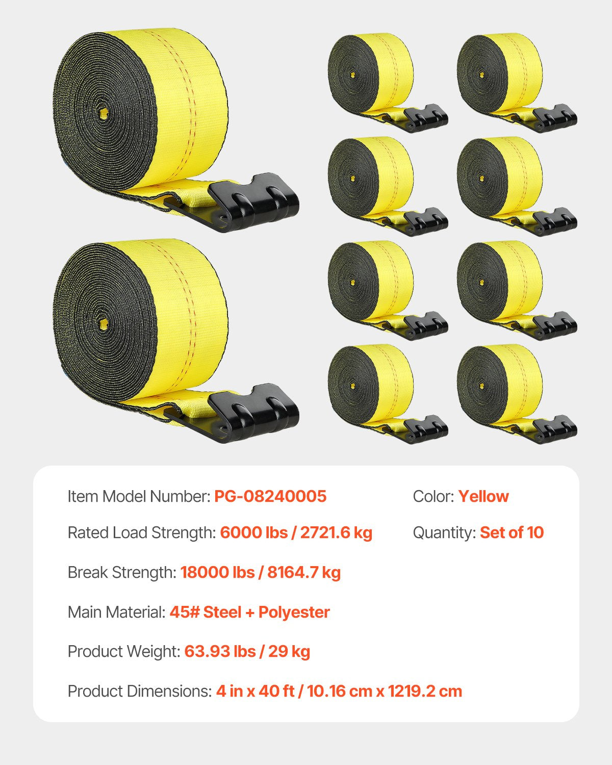 Winch Straps, 4" x 40', 6000 lbs Load Capacity, 18000 lbs Break Strength, Truck Straps with Flat Hook, Flatbed Tie Downs Cargo Control for Trailers, Farms, Rescues, Tree Saver, Yellow (10 Pack)