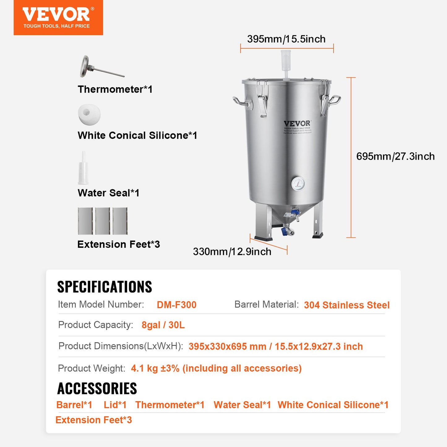 304 Stainless Steel Kettle, 30L Beer Brew Fermentor, Brew Bucket Fermentor for Brewing, Home Brewing Supplies with Base, Kettle Stock Pot Includes Lid, Handle, Valve, Spigot, Thermometer