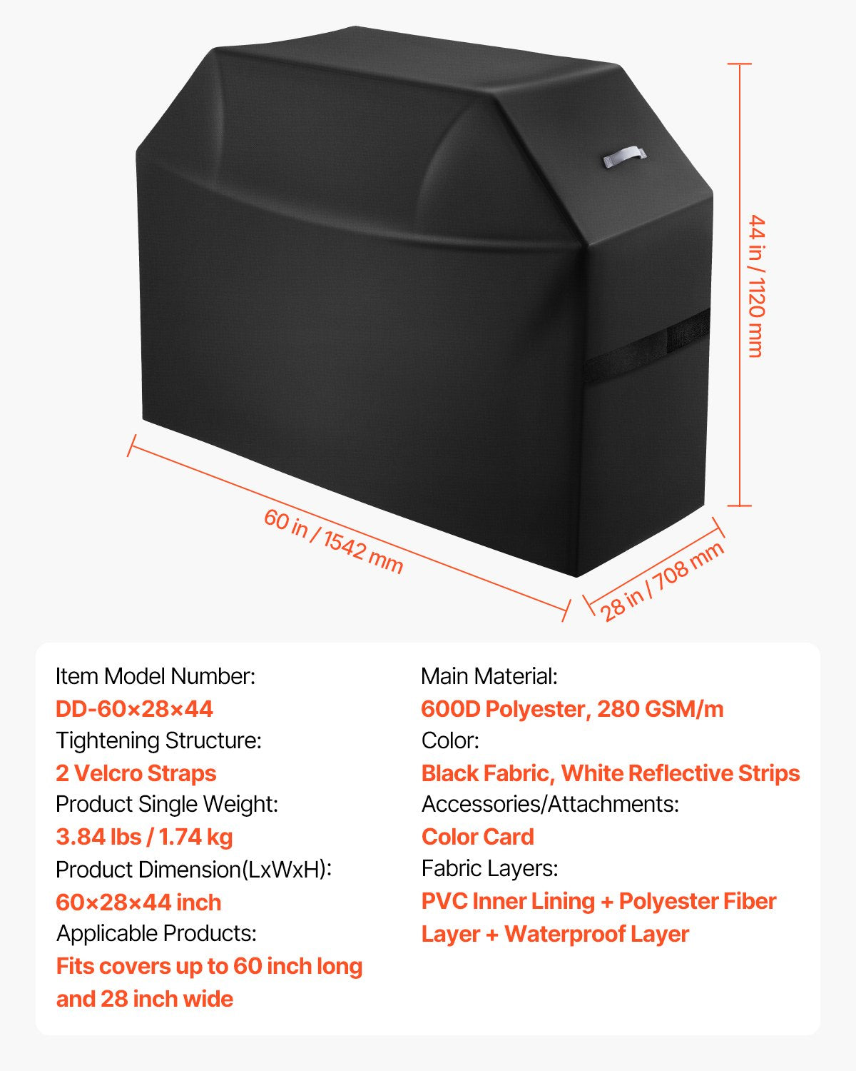 Grill Cover, 60 inch BBQ Covers for Outdoor Grills, Waterproof, Fade Resistant, Weather Resistant Heavy Duty 600D Polyester, Easy On/Off, with Hook-and-Loop Straps, Black