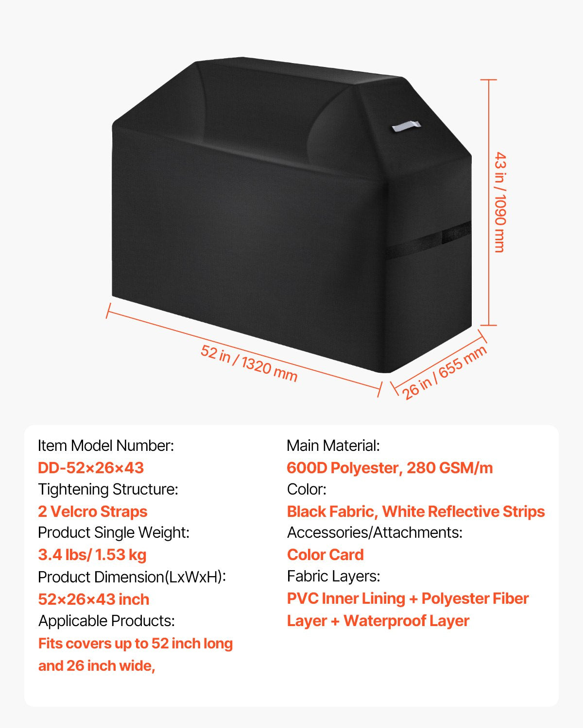 Grill Cover, 52 inch BBQ Covers for Outdoor Grills, Waterproof, Fade Resistant, Weather Resistant Heavy Duty 600D Polyester, Easy On/Off, with Hook-and-Loop Straps, Black