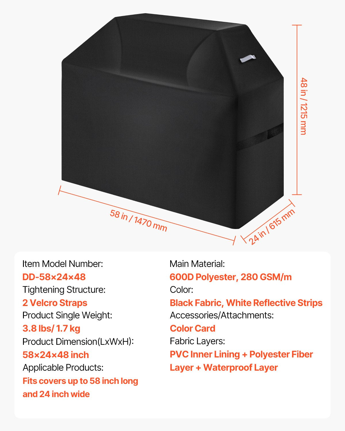 Grillöverdrag, 58 tums grillöverdrag för utomhusgrillar, vattentätt, blekningsbeständigt, väderbeständigt, kraftigt 600D polyester, enkelt på och av, med kardborreband, svart