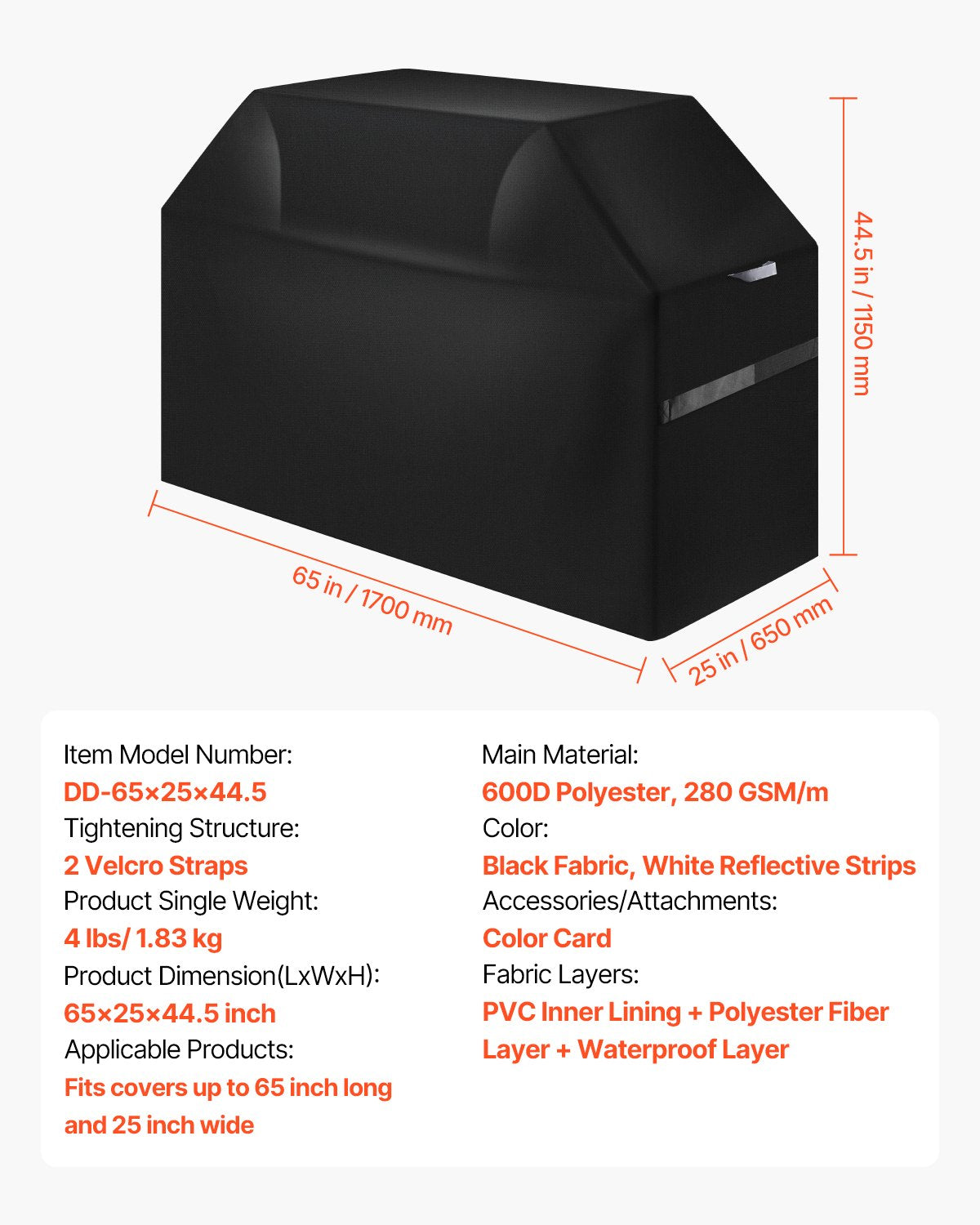 Grill Cover, 65 inch BBQ Covers for Outdoor Grills, Waterproof, Fade Resistant, Weather Resistant Heavy Duty 600D Polyester, Easy On/Off, with Hook-and-Loop Straps, Black