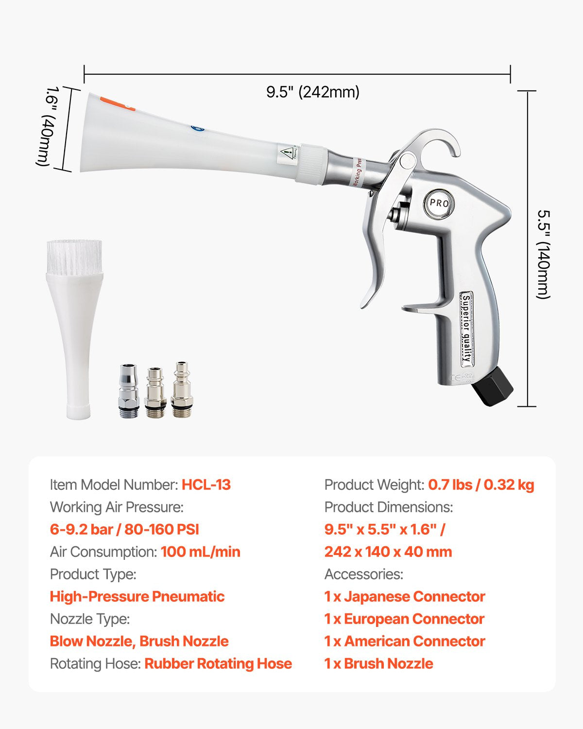 Car Cleaning Gun, 6-9.2 Bar High-Pressure Air Blow Gun with 2 Set Nozzles, 360° Rotating Nozzle for Thorough Cleaning, Quickly Blasts Dirt and Dust from Surface, Work with 1/4 NPT Air Compressor