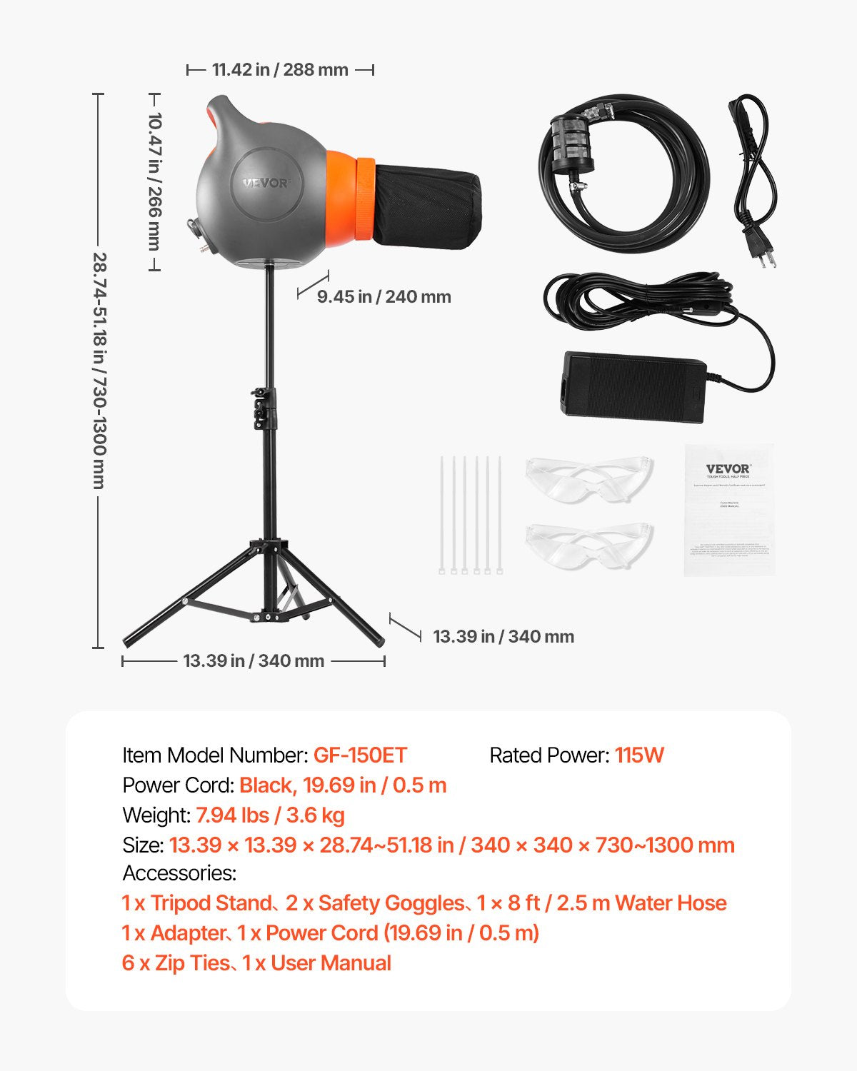 Foam Machine, 115 W Party Foam Cannon, Portable Foam Maker with a Tripod Stand, Powerful Foam Party Machine, for Backyard, Pool, Outdoor Events, Birthdays, Celebrations and Party, Grey & Orange