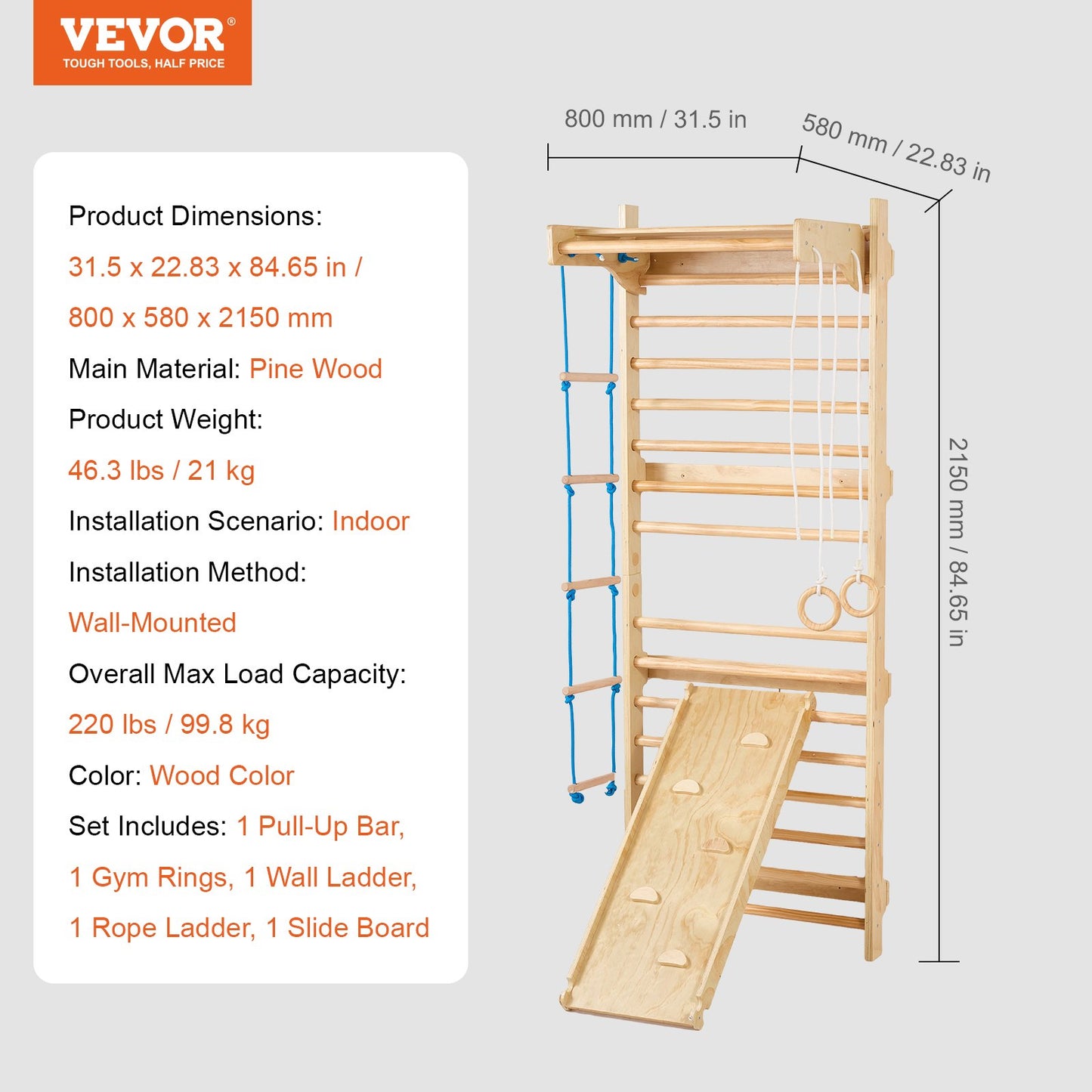 Swedish Ladder Wall Gym, 5 in 1 Wooden Indoor Playground Climbing Toys, 220 lbs Load Capacity Swedish Wall Ladder with Pull-Up Bar, Gymnastic Rings, Wall Ladder, Rope Ladder, and Slide Board