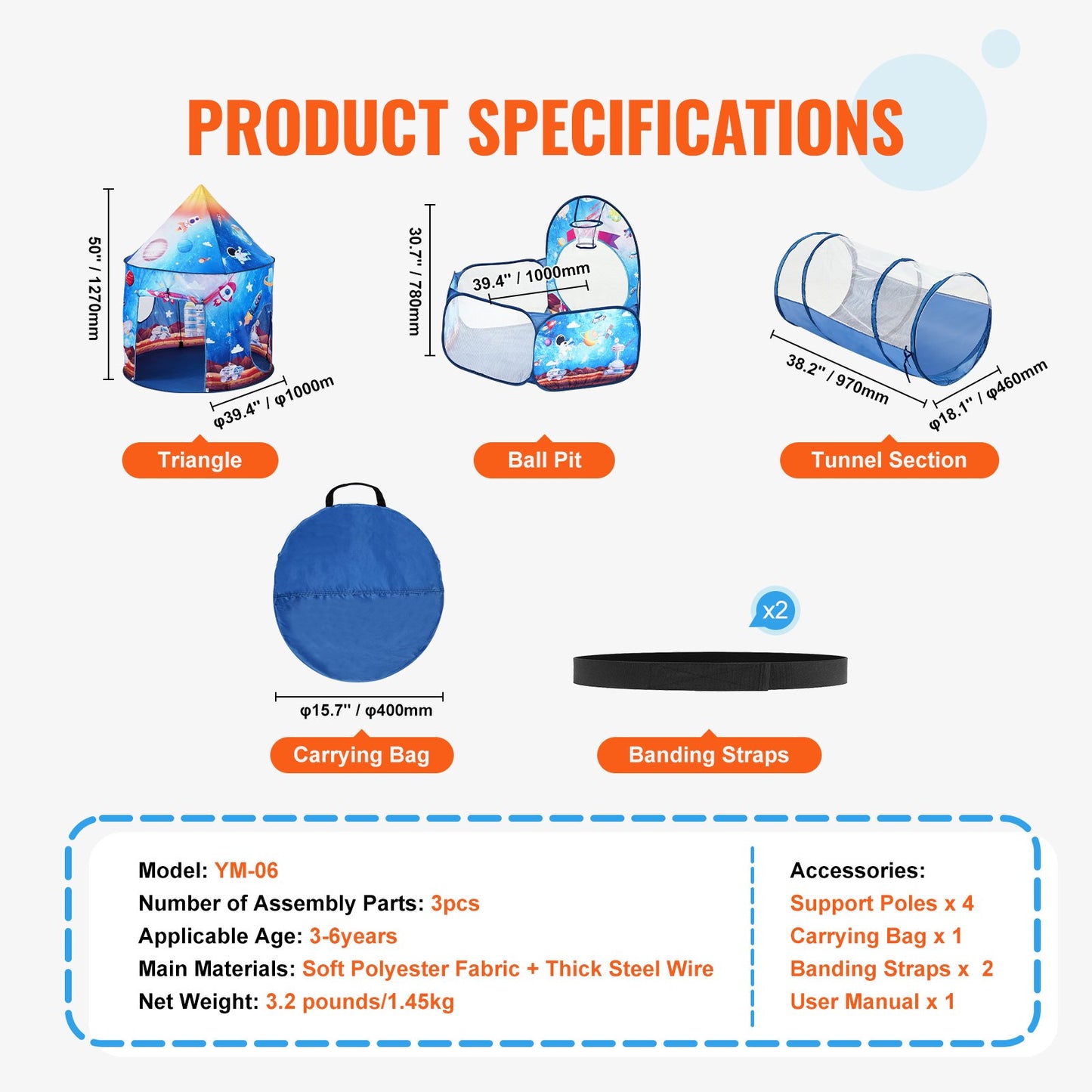 3 in 1 Kids Play Tent with Tunnel for Boys, Girls, Babies and Toddlers, Indoor/Outdoor Pop Up Playhouse with Carrying Bag & Banding Straps Birthday Gifts, Royal Blue Color Rocket Theme