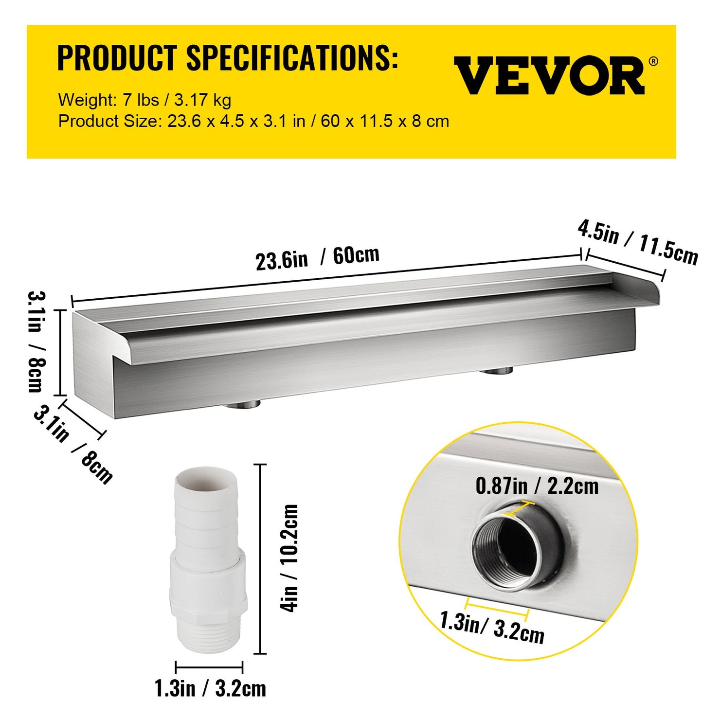 23.6" x 4.5" x 3.1" Stainless Steel Decorative Waterfall Pool Fountain For Garden Pond Indoors And Outdoors