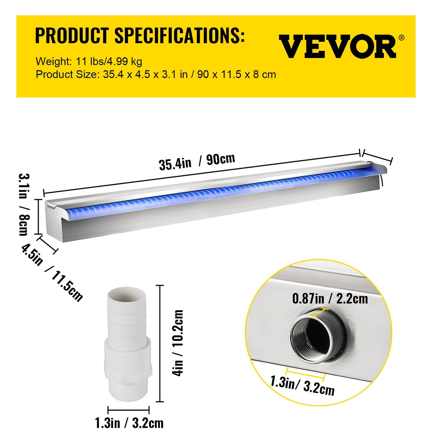 89,5 x 11,5 x 8,6 cm Dekorativ vattenfallsfontän i rostfritt stål med LED-ljusremsa för trädgårdsdamm inomhus och utomhus