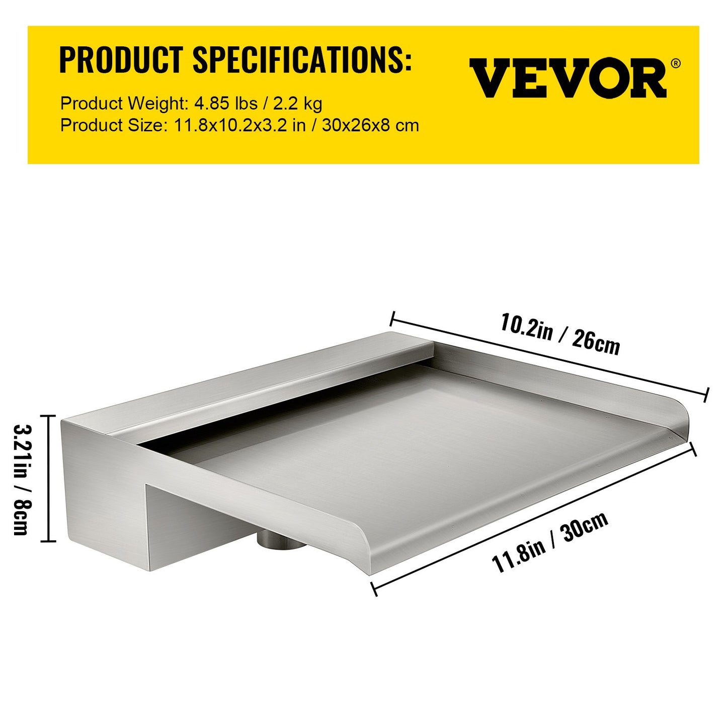 Vattenfallsblad, 30 cm vattenfallsbräddavlopp i rostfritt stål, rektangulär vattenfallsfontän för pool, kaskadblad med koppling, slang, klämma och PTFE-tejp, vattenblad för koi-damm, vattenfunktion