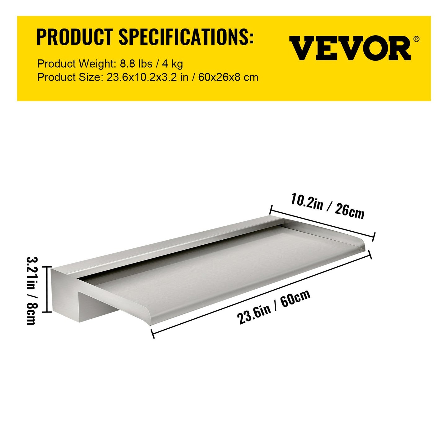 Vattenfallsblad, 60 cm vattenfallsbräddavlopp i rostfritt stål, rektangulär vattenfallsfontän för pool, kaskadblad med koppling, slang, klämma och PTFE-tejp, vattenblad för koi-damm, vattenfunktion