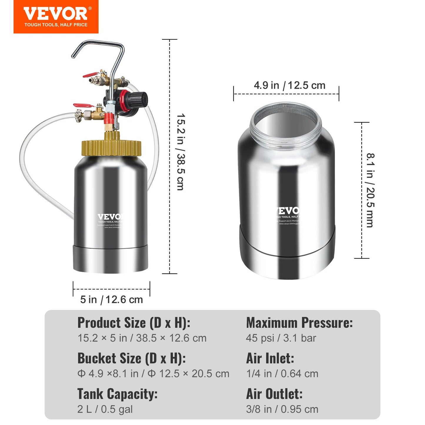 Spray Paint Pressure Pot Tank, 2L/0.5gal Lightweight Air Paint Pressure Pot, 1.8mm Nozzle Spray Paint Gun 3m Hoses for Home Decoration Architecture Construction Automotive Painting, 45PSI Max