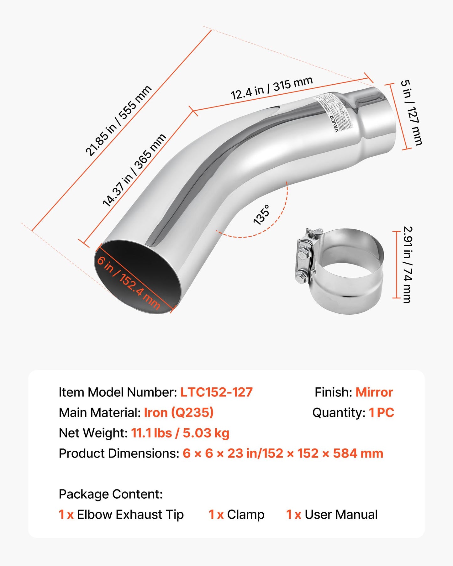 Elbow Exhaust Tip, 127mm Inlet, 152.4mm Outlet, 584mm Overall Length, Chrome Turn Down Exhaust Tip with Clamp for Truck, Sedan, Sports Car, SUV, Chrome Structure for High Temperature Resistance