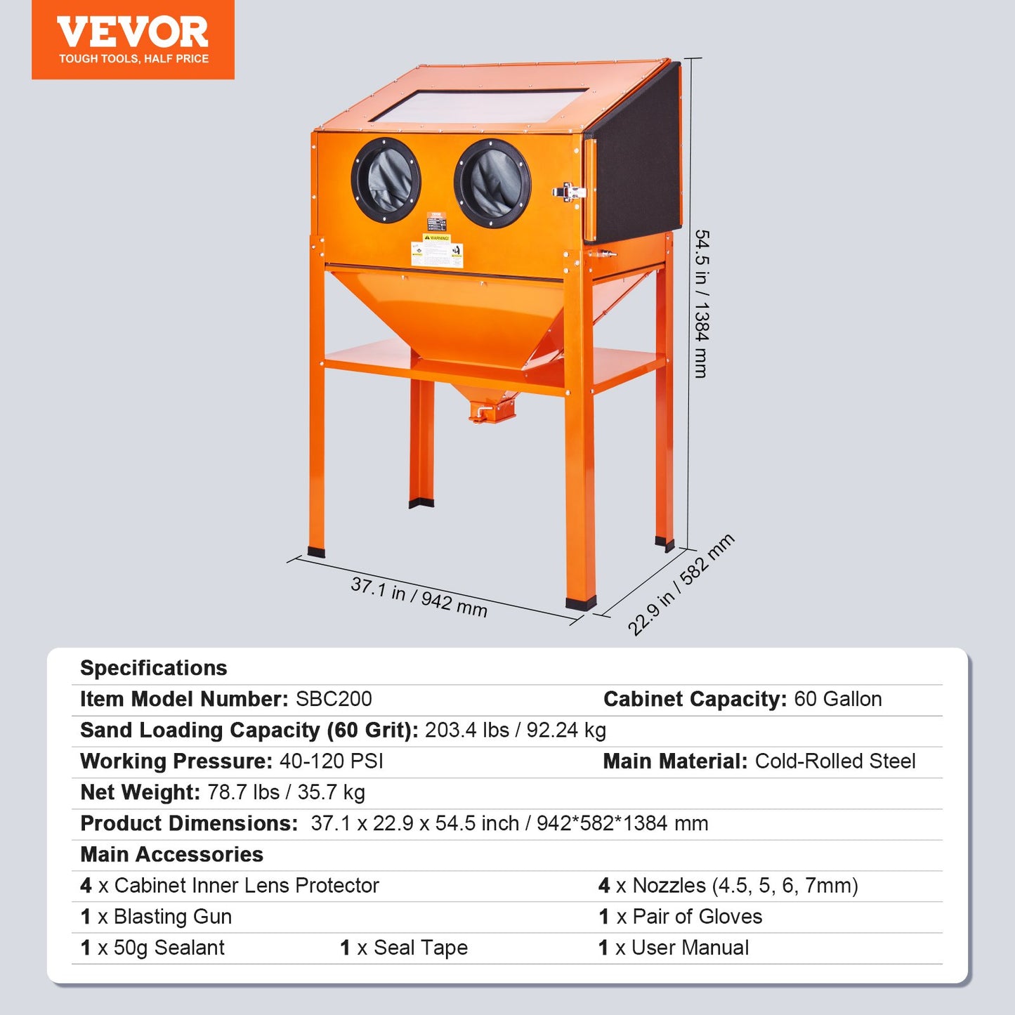 227.1 L Sand Blasting Cabinet with Stand with Blasting Gun & 4 Nozzles