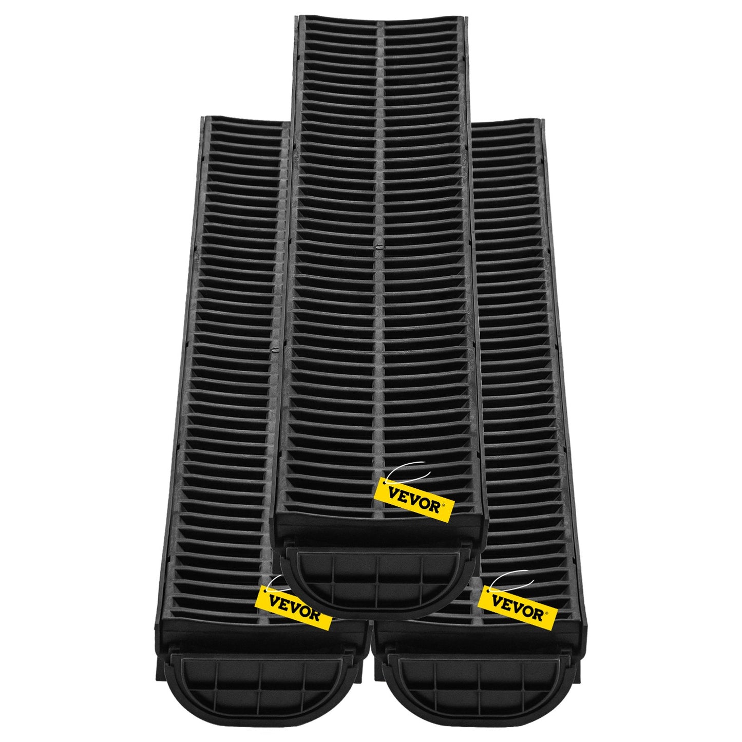 Trench Drain System, Channel Drain with Plastic Grate, 145x79MM HDPE Drainage Trench, Black Plastic Garage Floor Drain, 3x39 Trench Drain Grate, with 3 End Caps, for Garden, Driveway-3 Pack