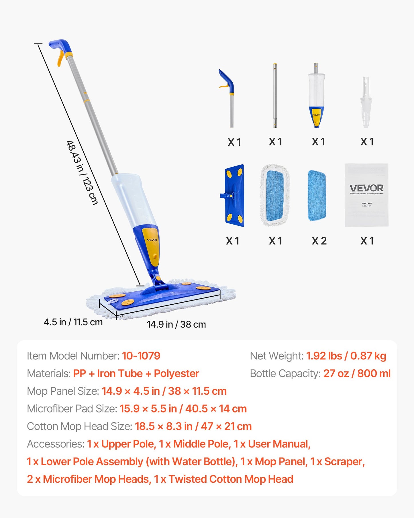 Spray Mop, with 3 Washable Pads for Dry and Wet Floor Cleaning & an 800ml Refillable Water Tank, Microfiber Dust Wet Mop & Twisted Cotton Dry Mop, Commercial Home Use for Tiles/Vinyl/Wood Floor