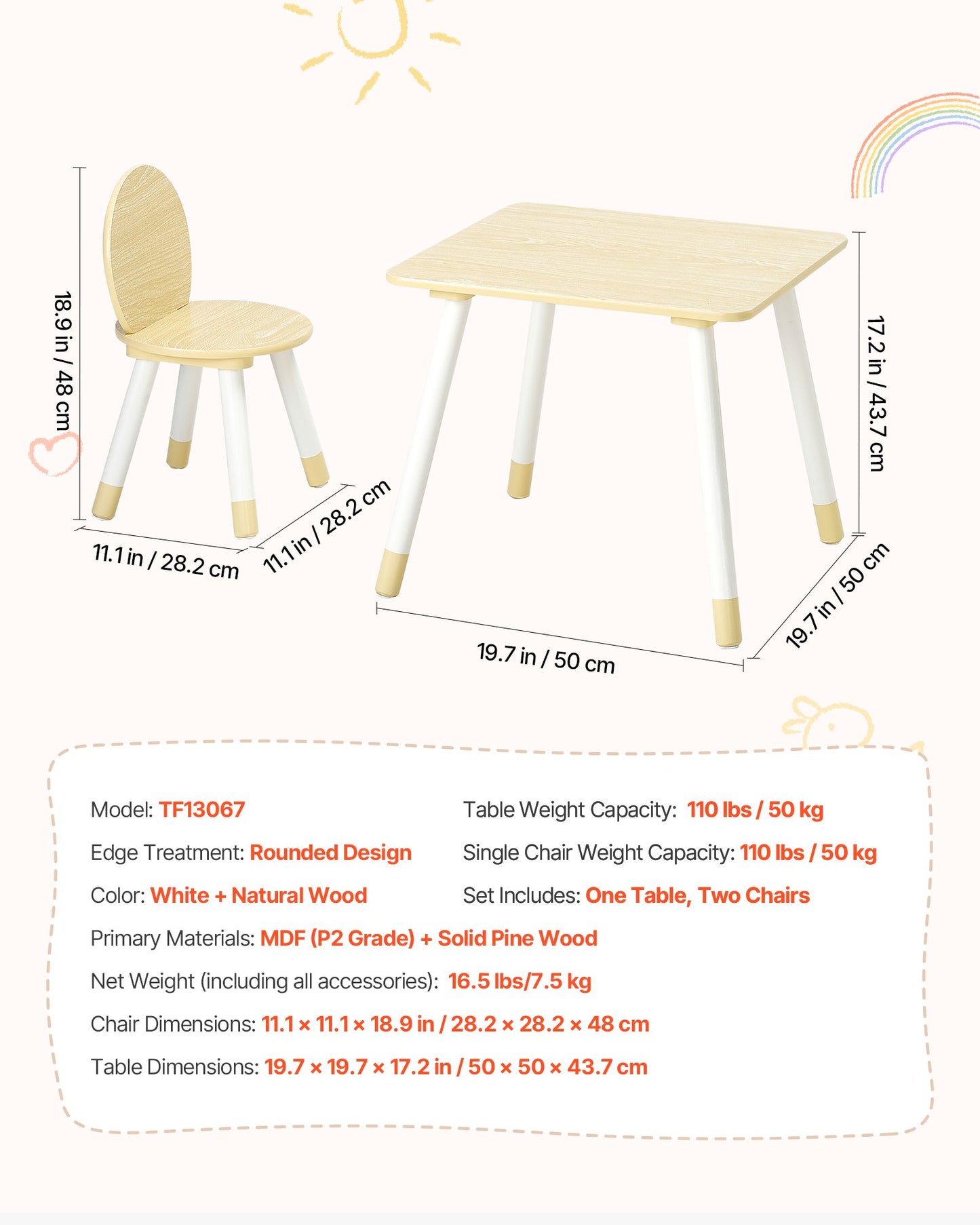 Kids Table and 2 Chairs Set, Toddler Table and Chair Set with Rounded Edge Design & Graffiti Desktop, Wooden Desk for Art, Craft, Reading, Learning, Drawing, Classroom/Daycare/Home, Burlywood