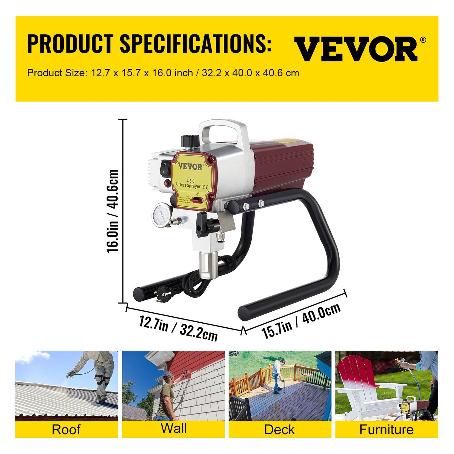 Pro Airless Wall Paint Sprayer 1500W Electric Sprayer Gun Kit, 22Mpa Adjustable Spray Pressure with 15M Pipe for Wall & Ceiling/Wood & Metal Paint