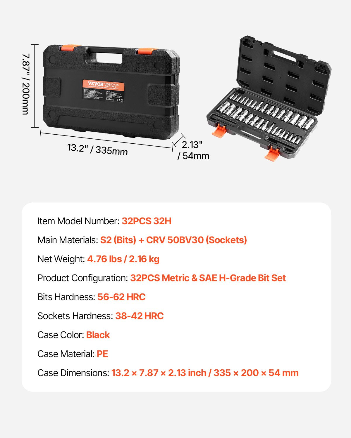 Hex Bit Socket Set, 32-Piece, S2 Alloy Steel and Cr-V Steel, Standard SAE and Metric, 1/4 in, 3/8 in, and 1/2 in Drives, with Enhanced Storage Case, Allen Socket Set for Mechanics, Auto Repair