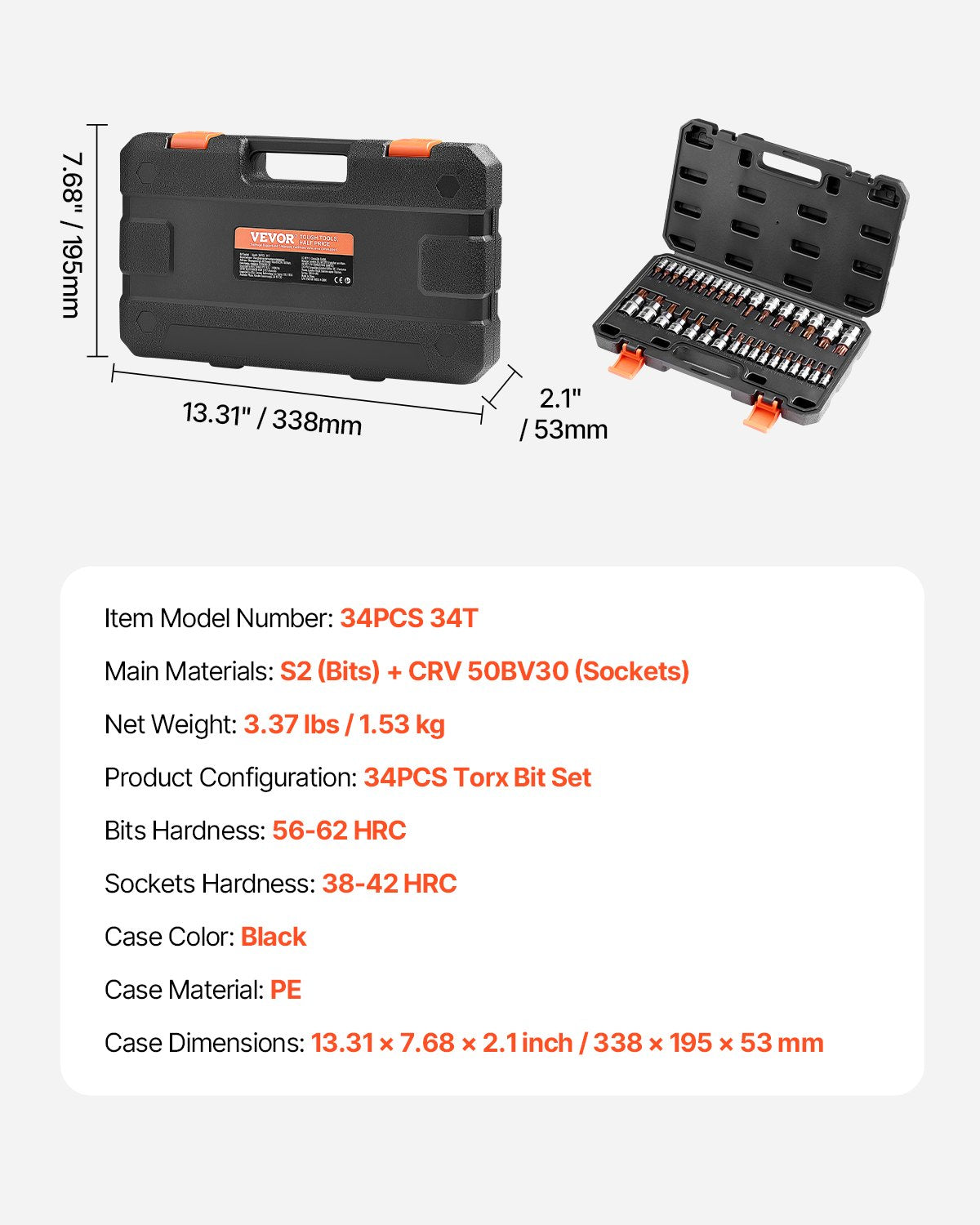 Torx Bit Socket Set, 34-Piece Solid Star and Tamper Proof T6-T70, S2 Alloy Steel and Cr-V Steel, 1/4 in, 3/8 in, and 1/2 in Drives, with Enhanced Storage Case, Torx Sockets for Hand Use