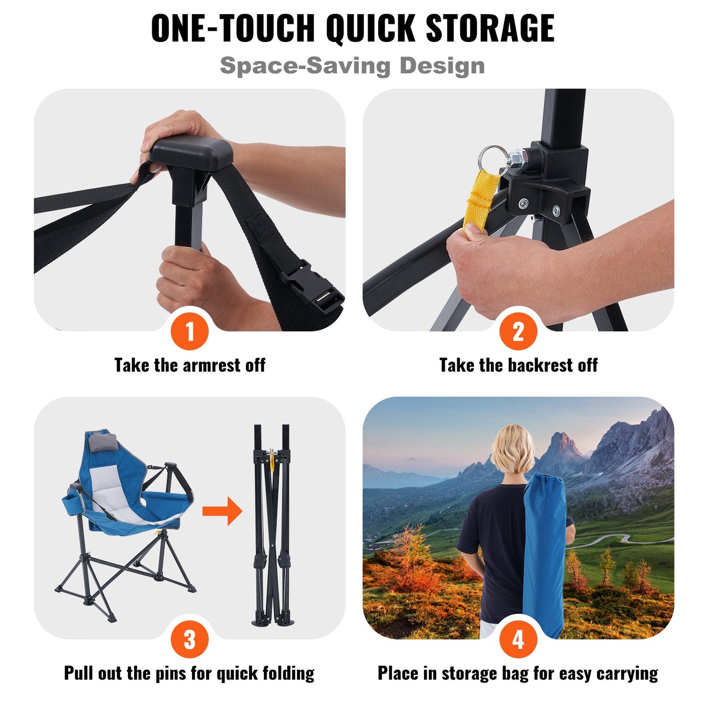 Liggstol, campinghängmatta med belastning på 136 kg, hopfällbar gungstol med mugghållare, förvaringsväska, nackstöd och justerbart ryggstöd, för camping och andra utomhusaktiviteter