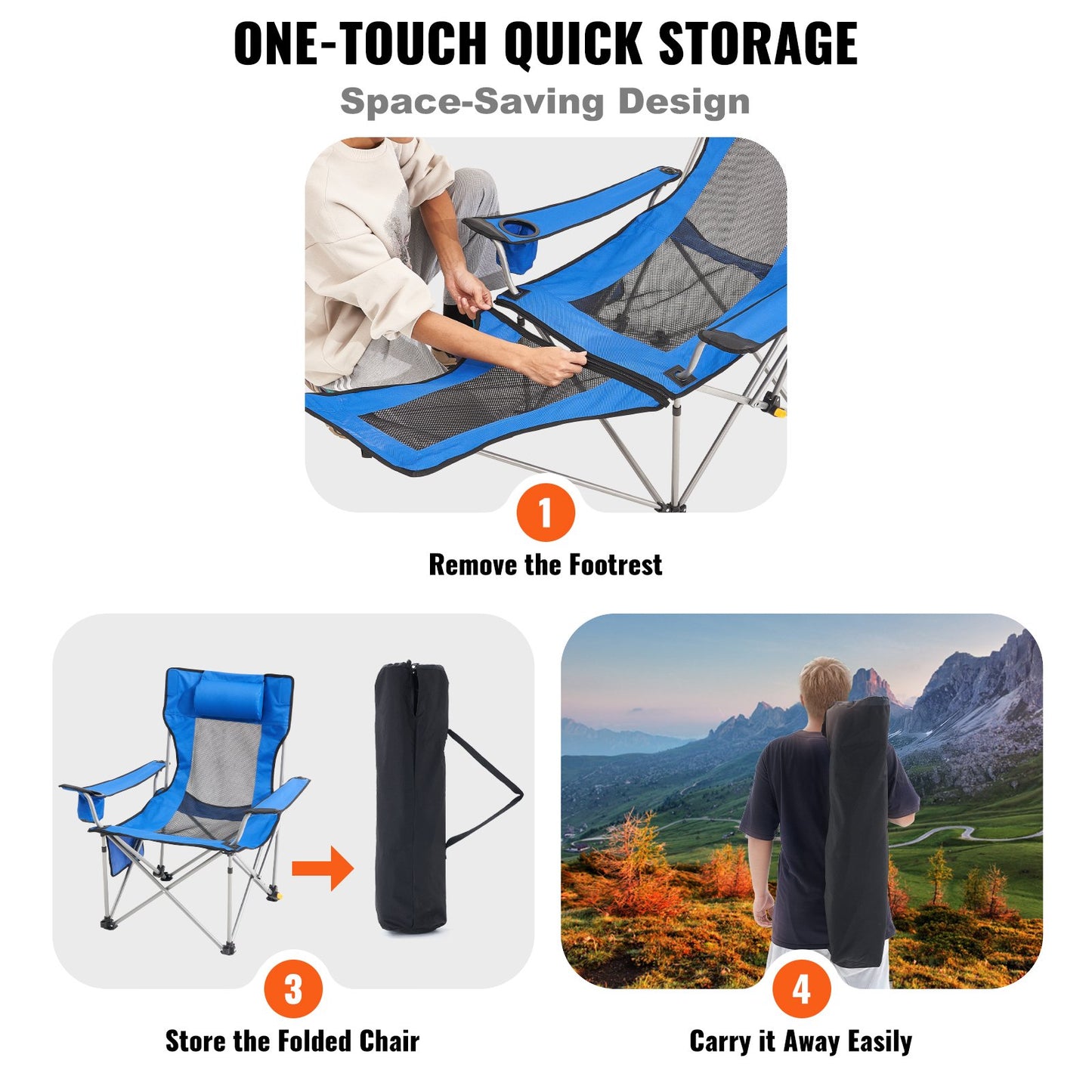 Reclining Camping Chair, 330 lbs Folding Camping Chair, 4 Position Load Portable Camping Chair with Footrest, Cup Holder, Side Pocket and Headrest, for Camping, Fishing and Outdoor Activities