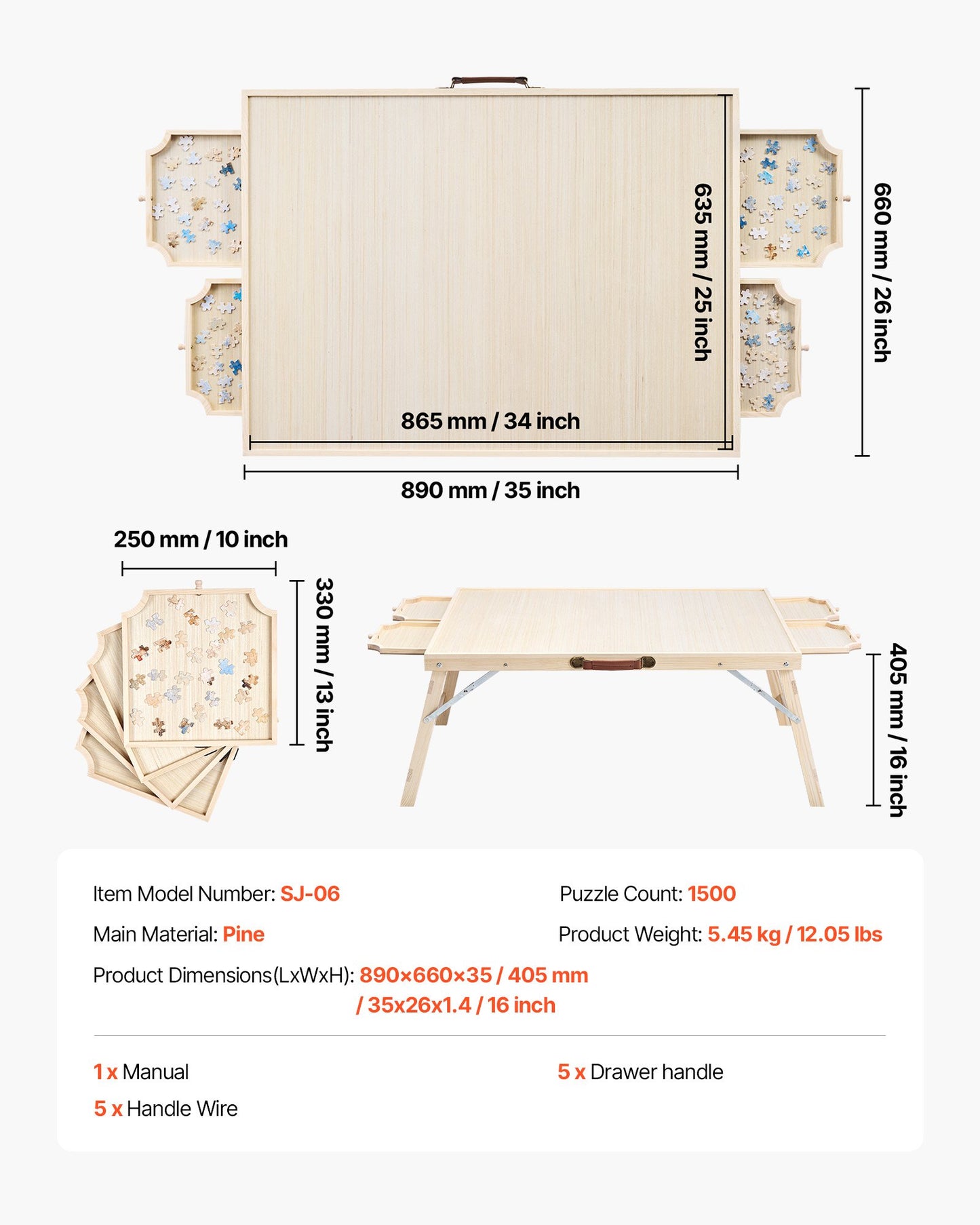 1500-bitars pusselbord med fällbara ben, 4 lådor och lock, 86x63 cm bärbar träplatta, pusseltillbehör för vuxna, pusselorganisatör och förvaringssystem, födelsedagspresent till mamma